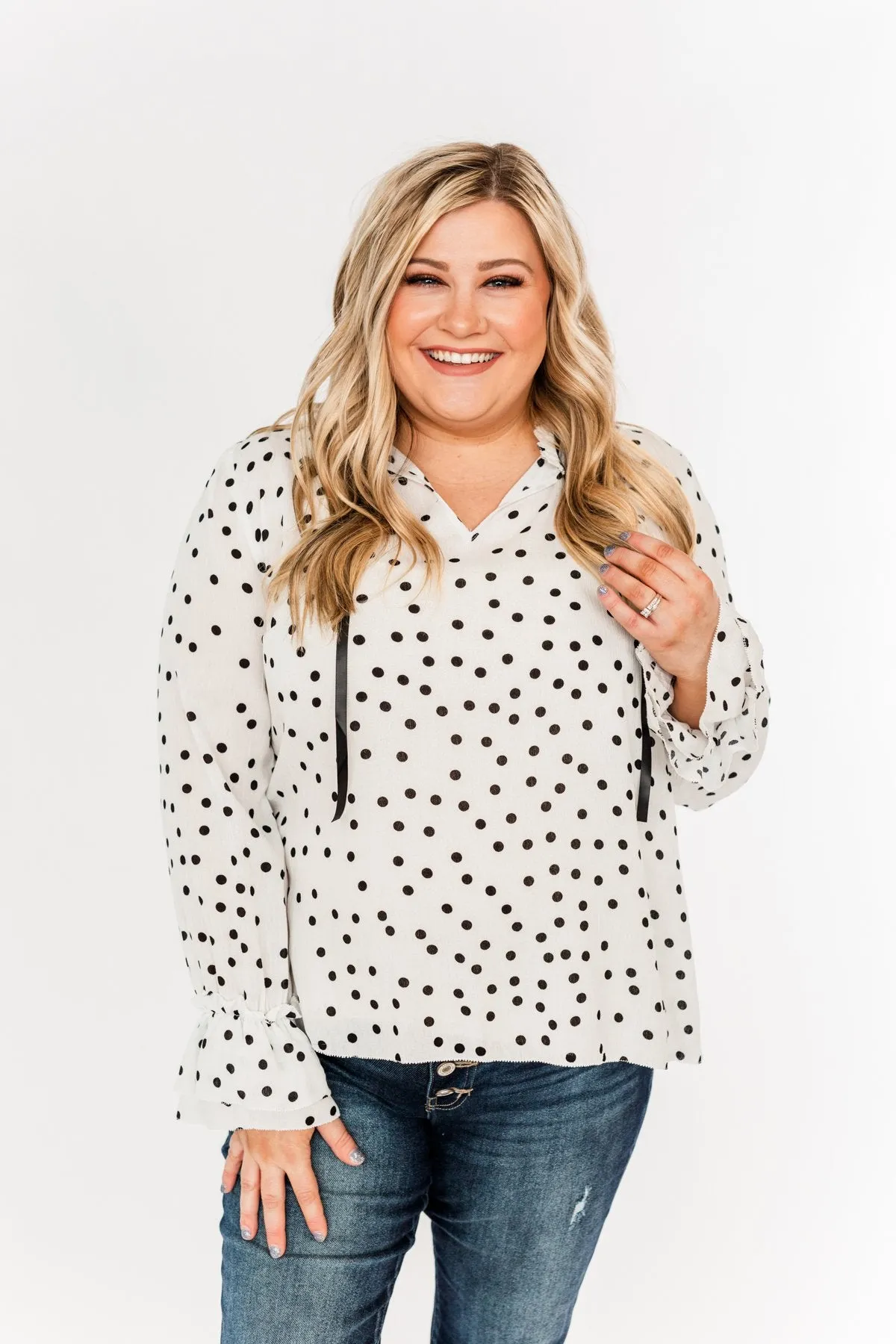 Elegant Polka Dot Blouse, Off-White and Black