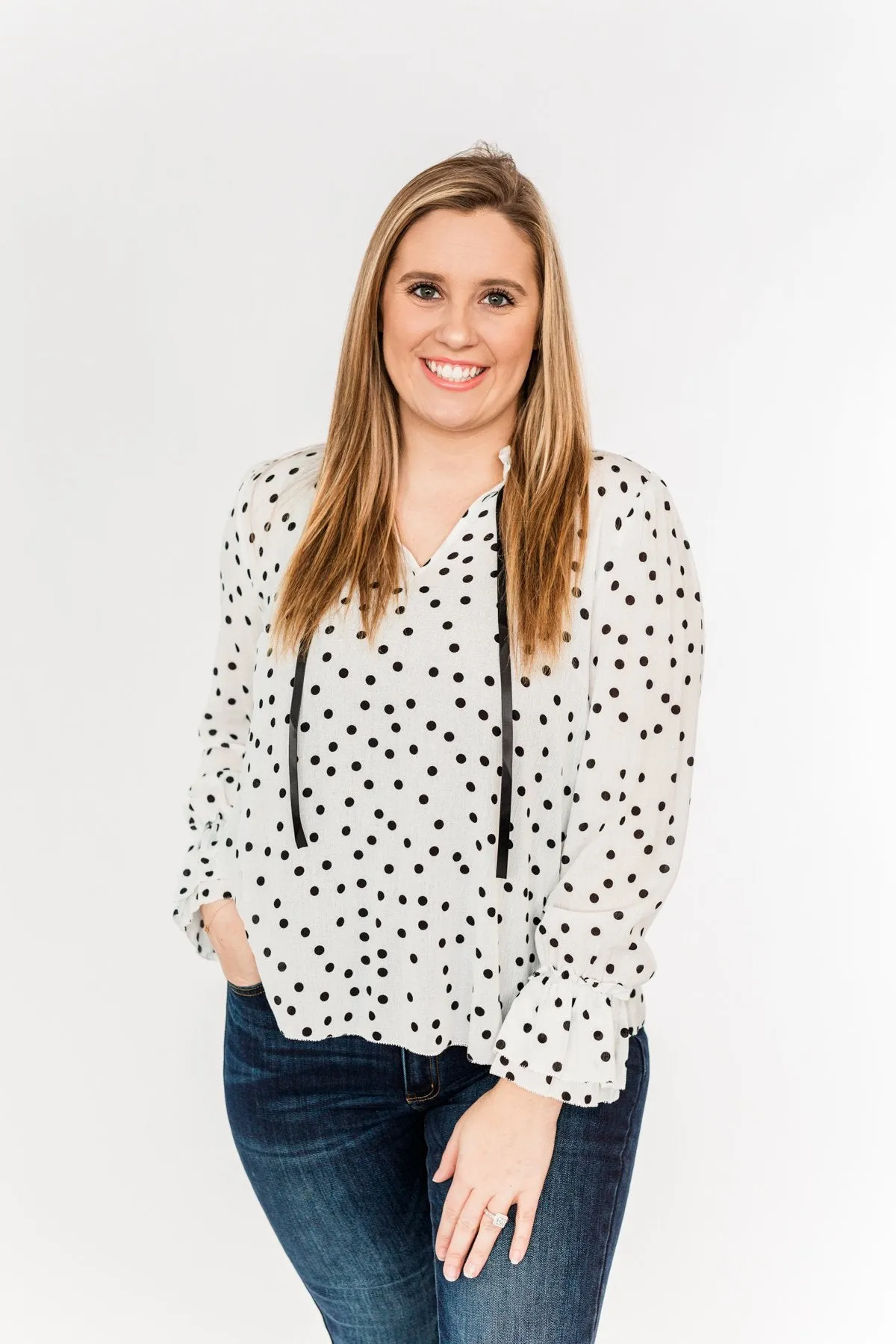 Elegant Polka Dot Blouse, Off-White and Black