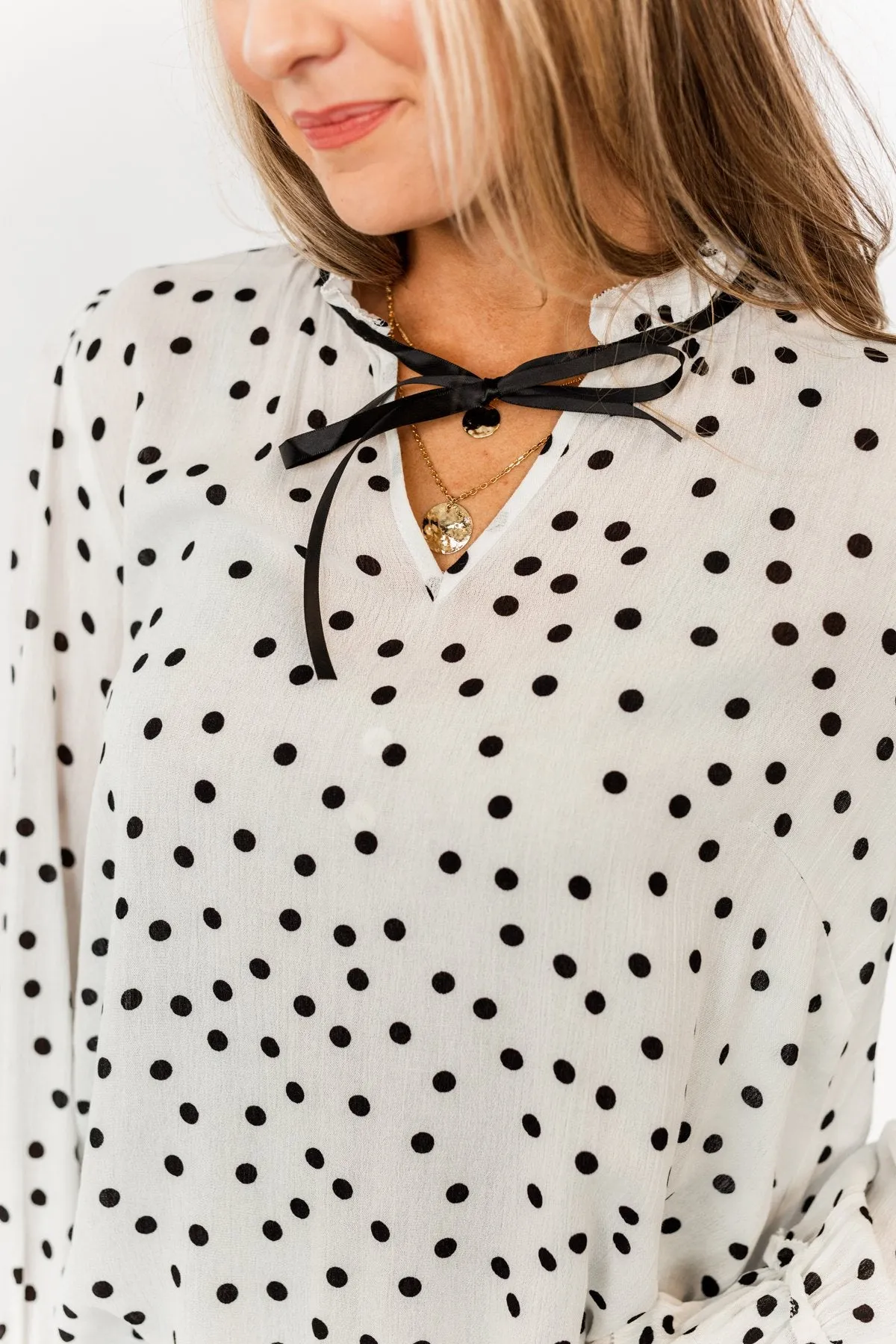 Elegant Polka Dot Blouse, Off-White and Black