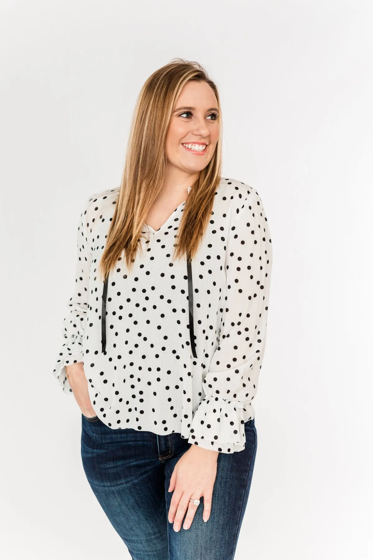 Elegant Polka Dot Blouse, Off-White and Black