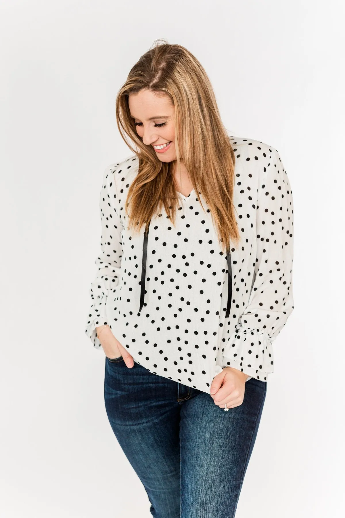 Elegant Polka Dot Blouse, Off-White and Black