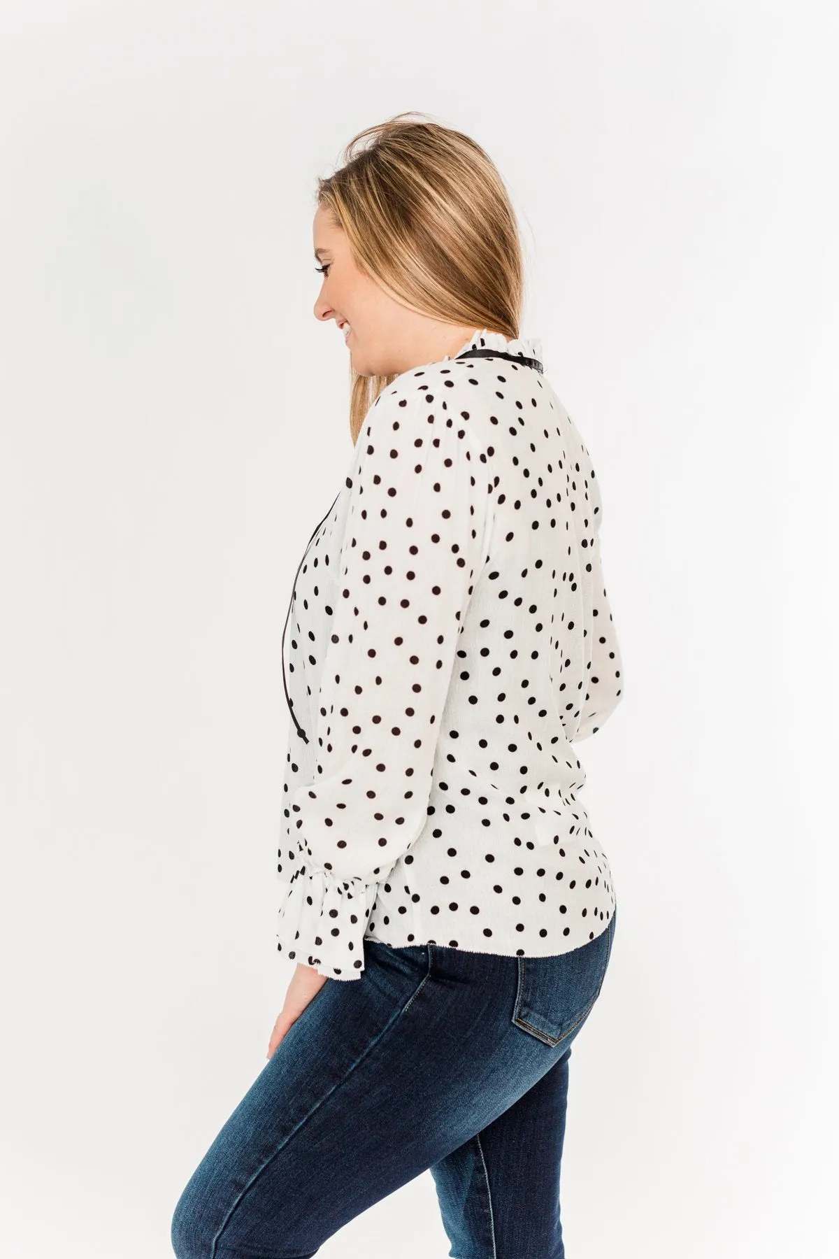 Elegant Polka Dot Blouse, Off-White and Black