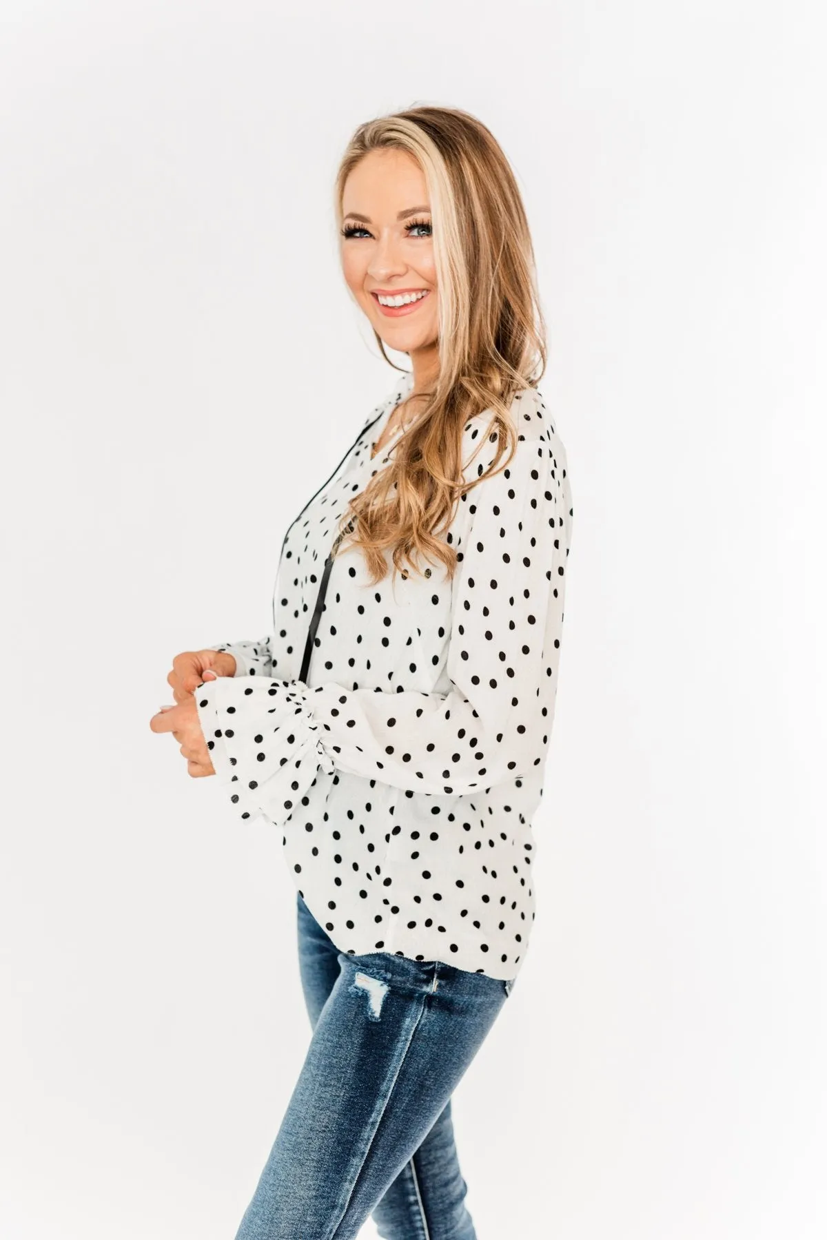 Elegant Polka Dot Blouse, Off-White and Black