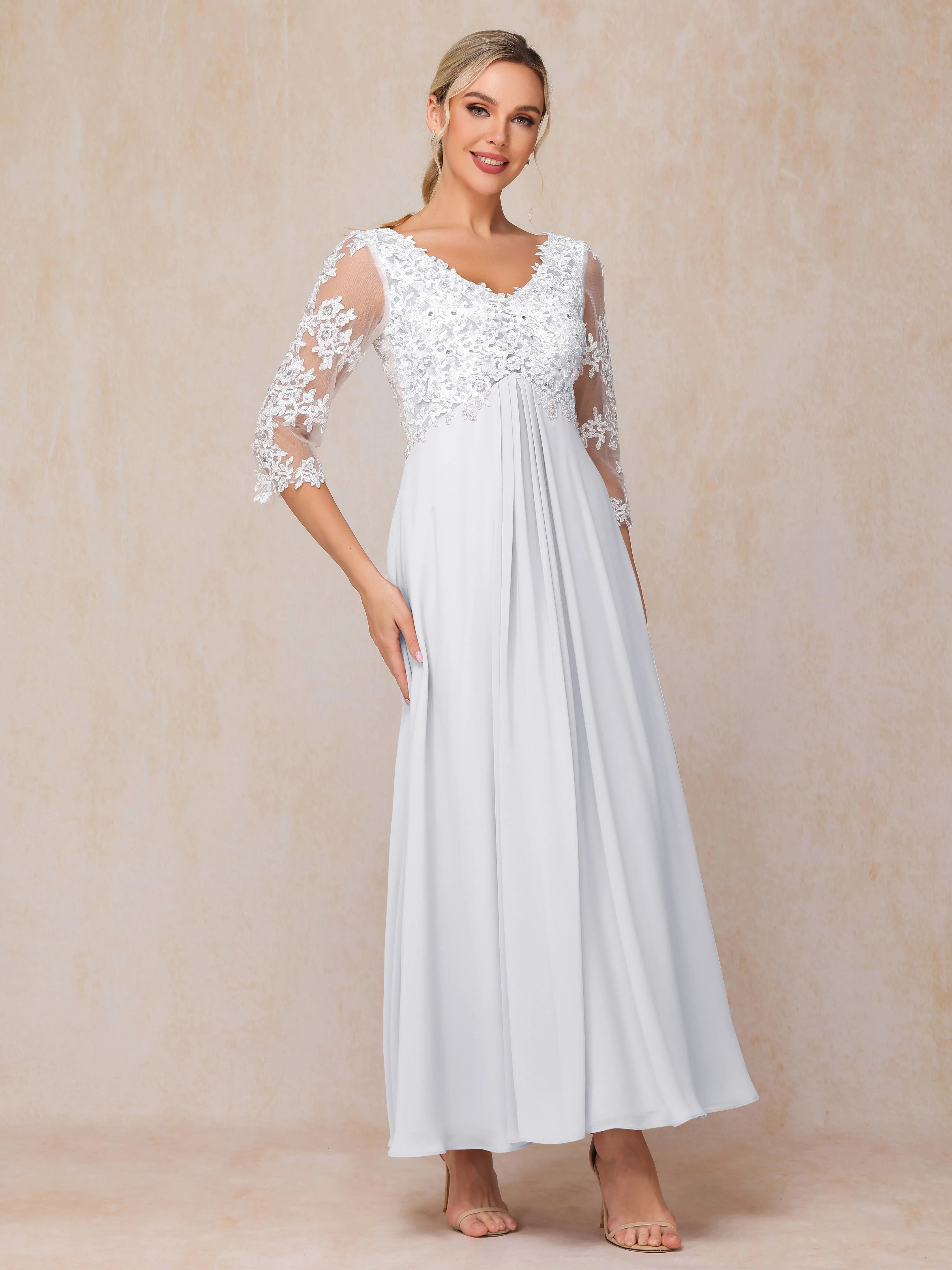 Empire Trapeze Illusion 3/4 Sleeve Chiffon Lace Mother of the Bride Dress