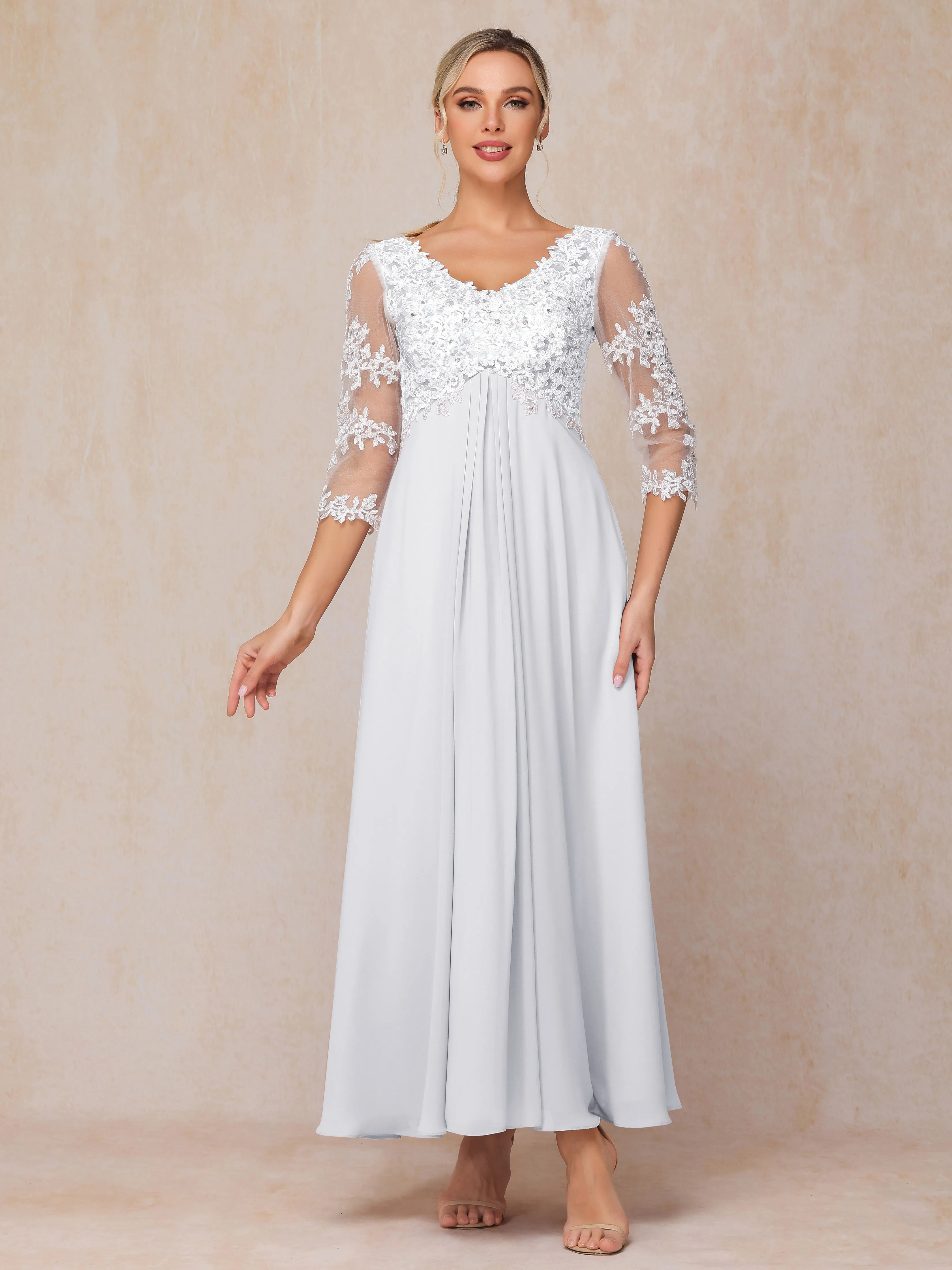 Empire Trapeze Illusion 3/4 Sleeve Chiffon Lace Mother of the Bride Dress