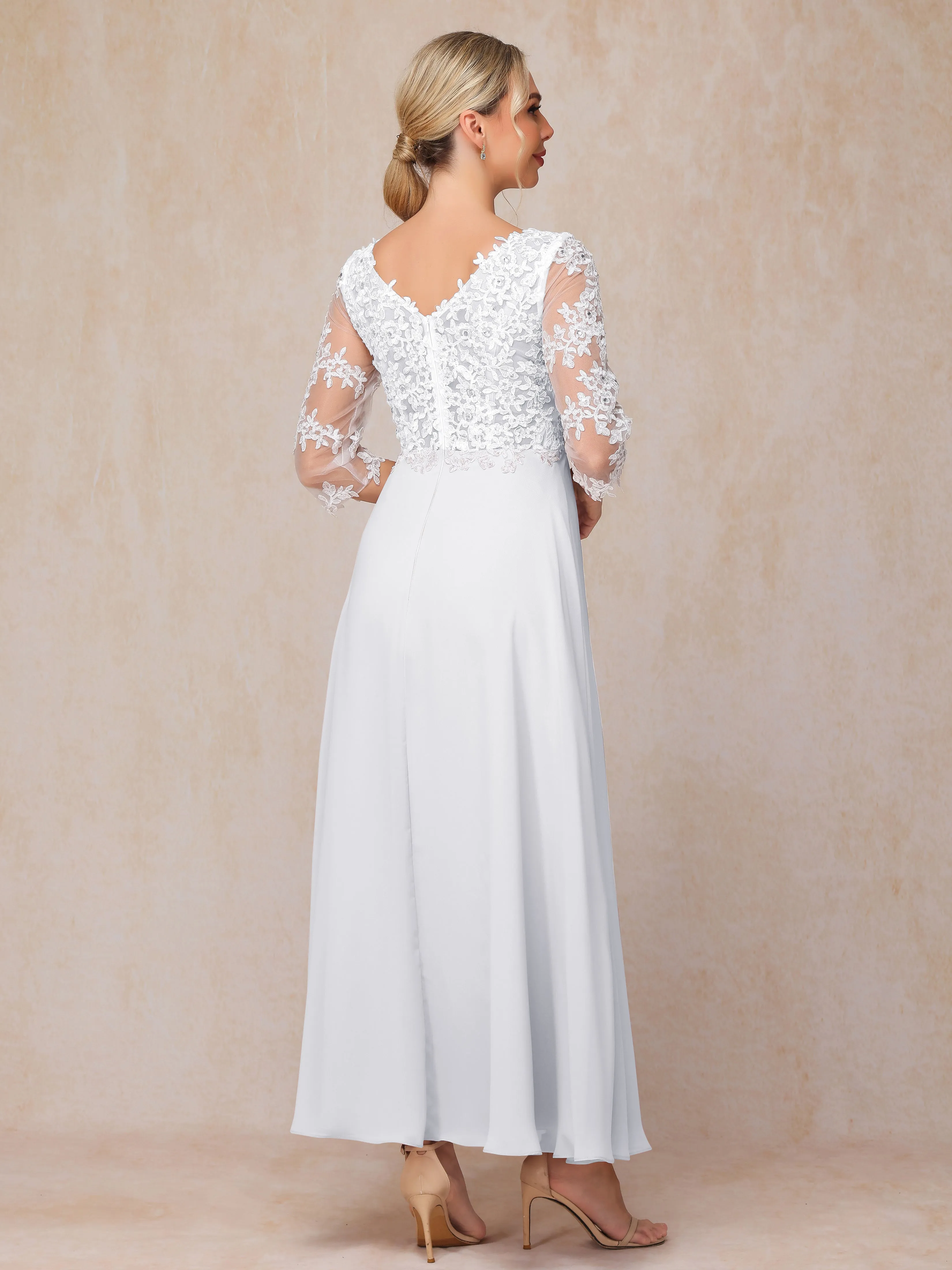 Empire Trapeze Illusion 3/4 Sleeve Chiffon Lace Mother of the Bride Dress