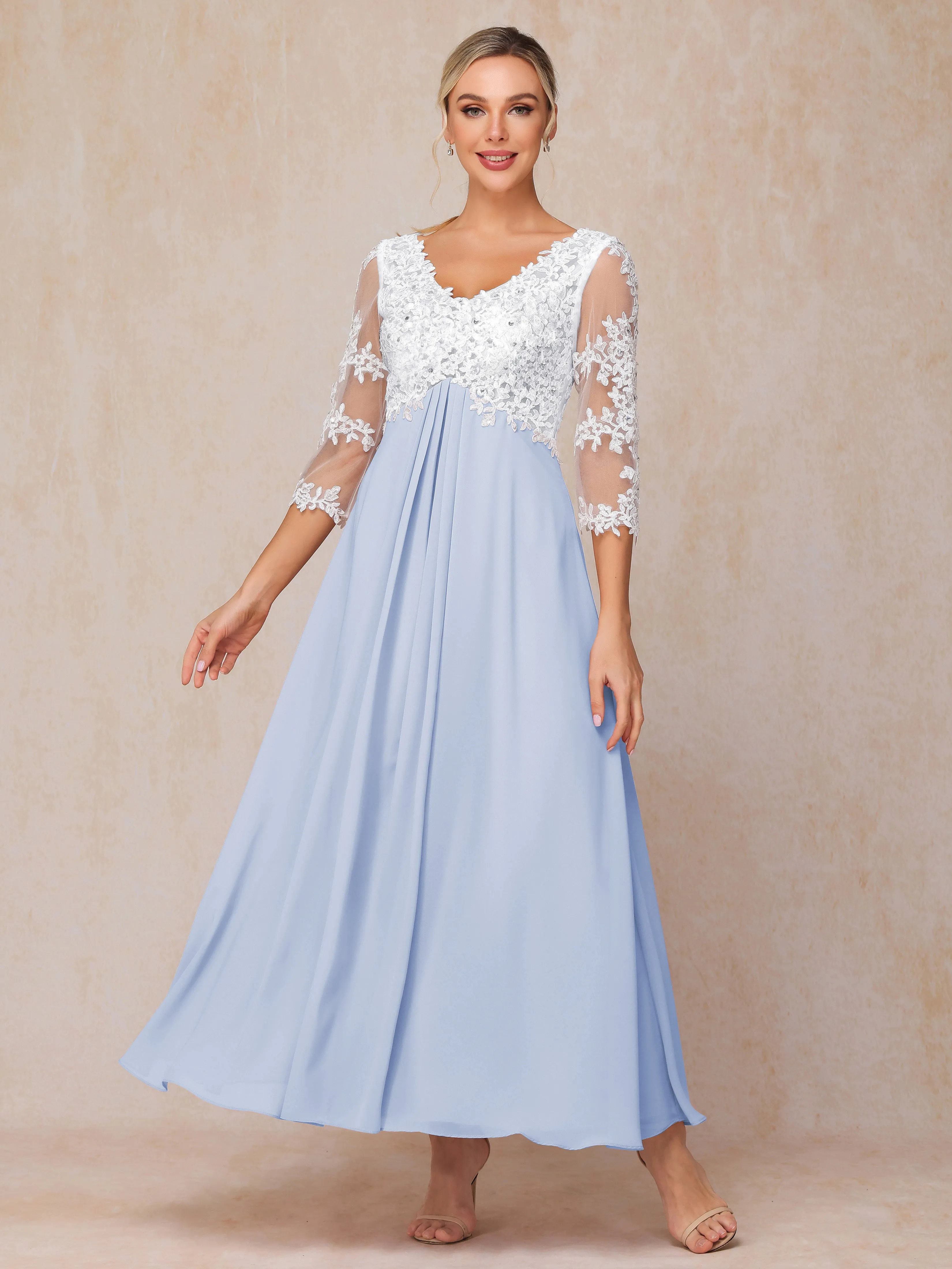 Empire Trapeze Illusion 3/4 Sleeve Chiffon Lace Mother of the Bride Dress