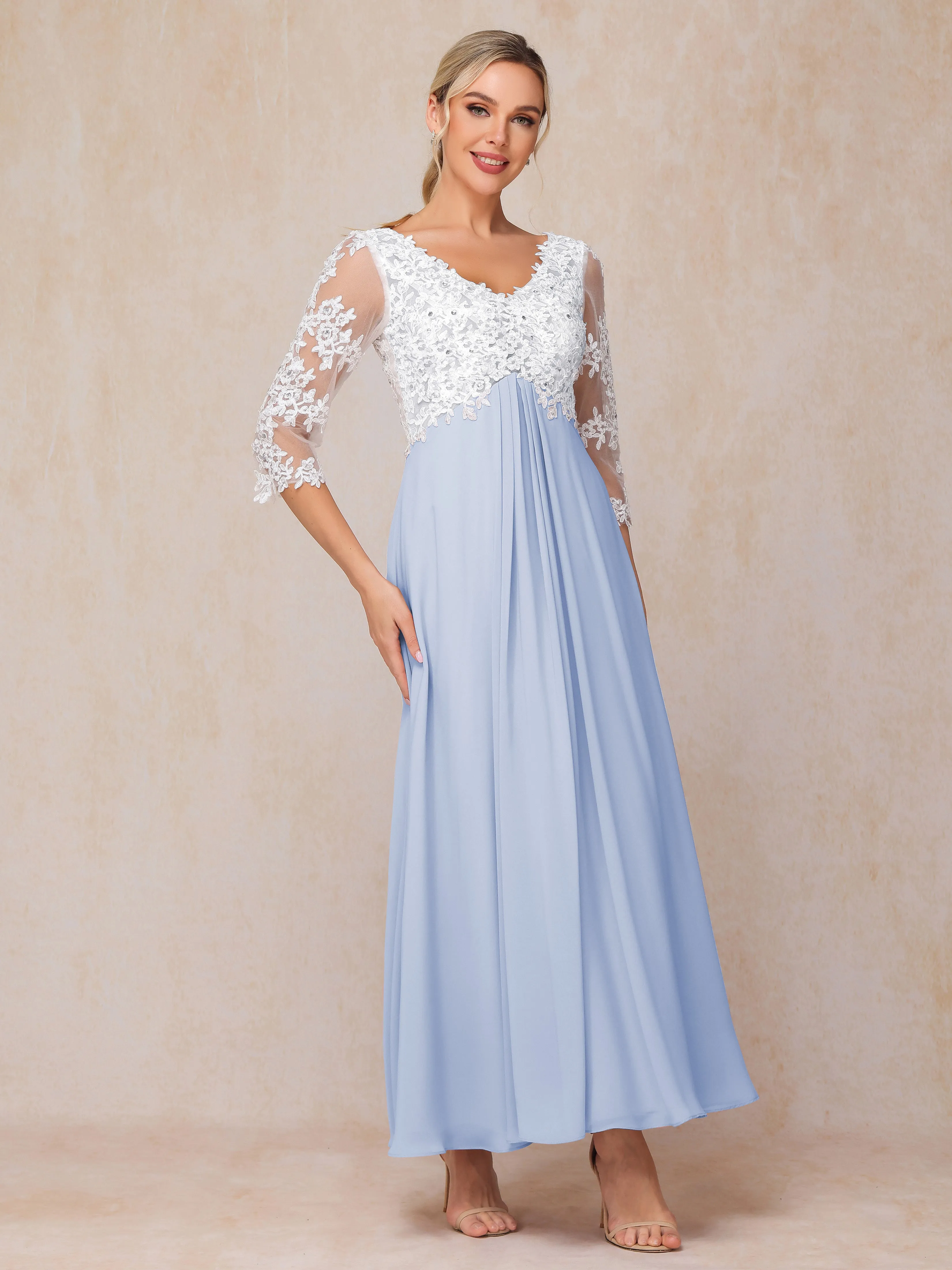 Empire Trapeze Illusion 3/4 Sleeve Chiffon Lace Mother of the Bride Dress