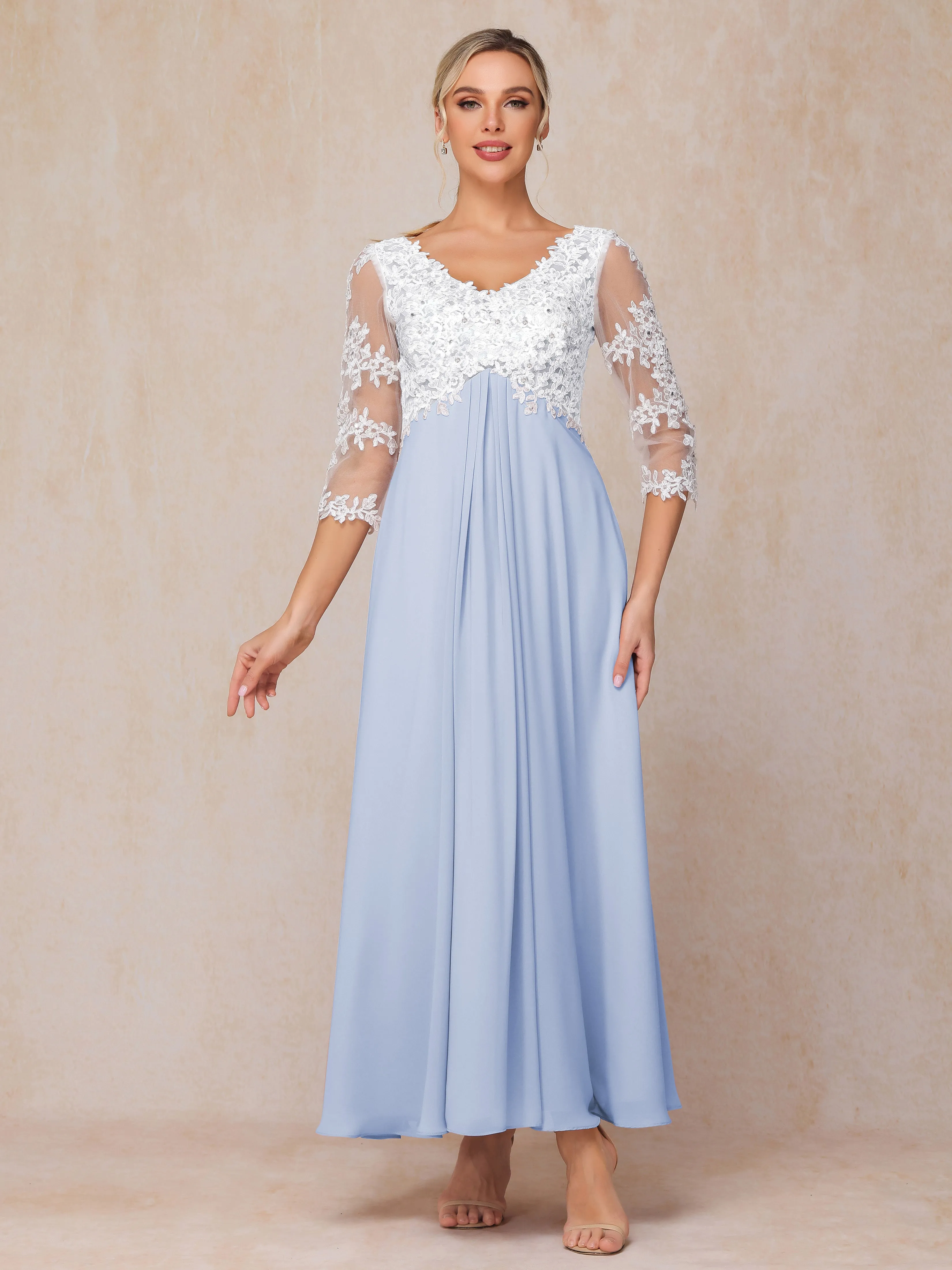 Empire Trapeze Illusion 3/4 Sleeve Chiffon Lace Mother of the Bride Dress