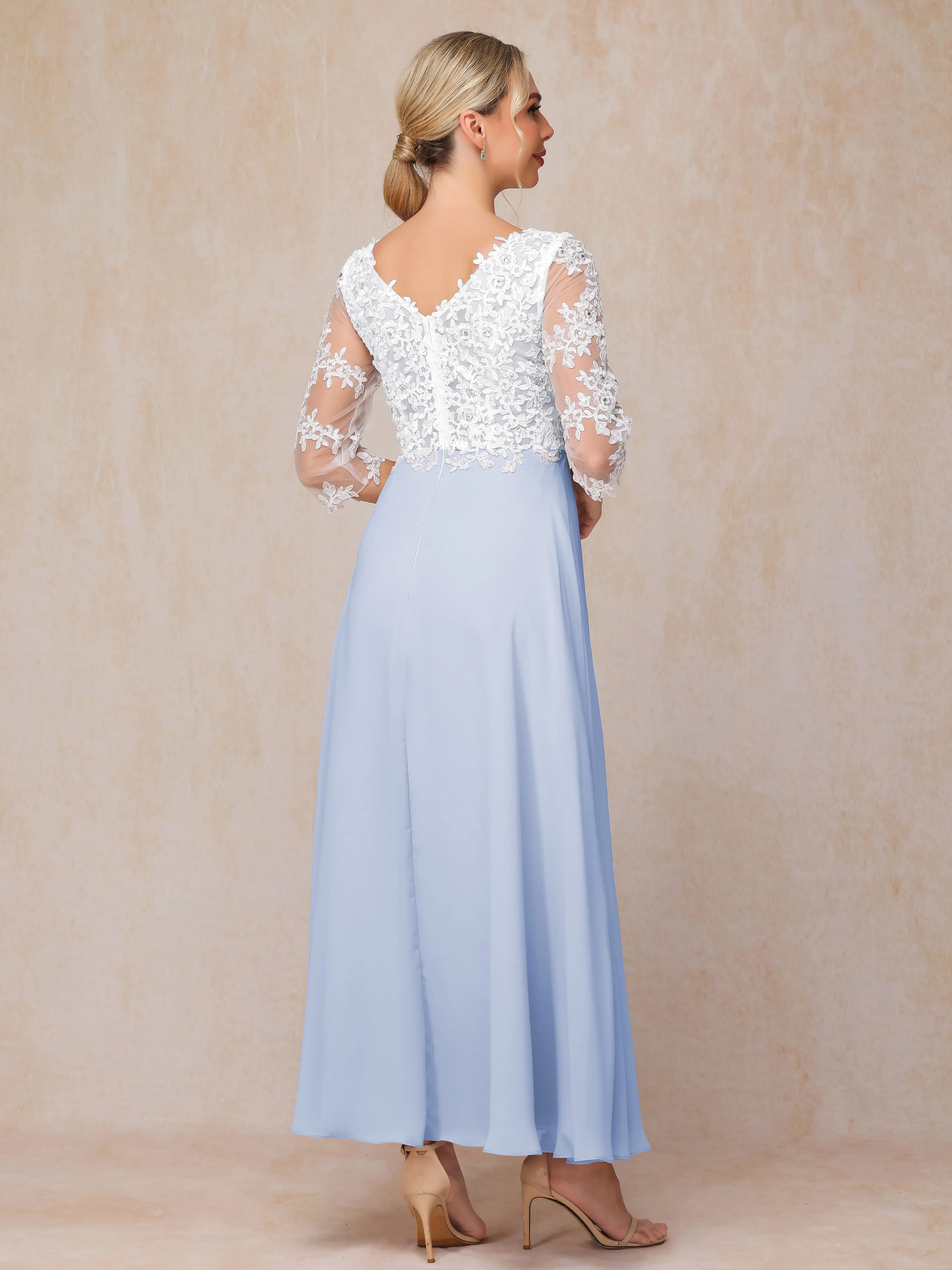 Empire Trapeze Illusion 3/4 Sleeve Chiffon Lace Mother of the Bride Dress