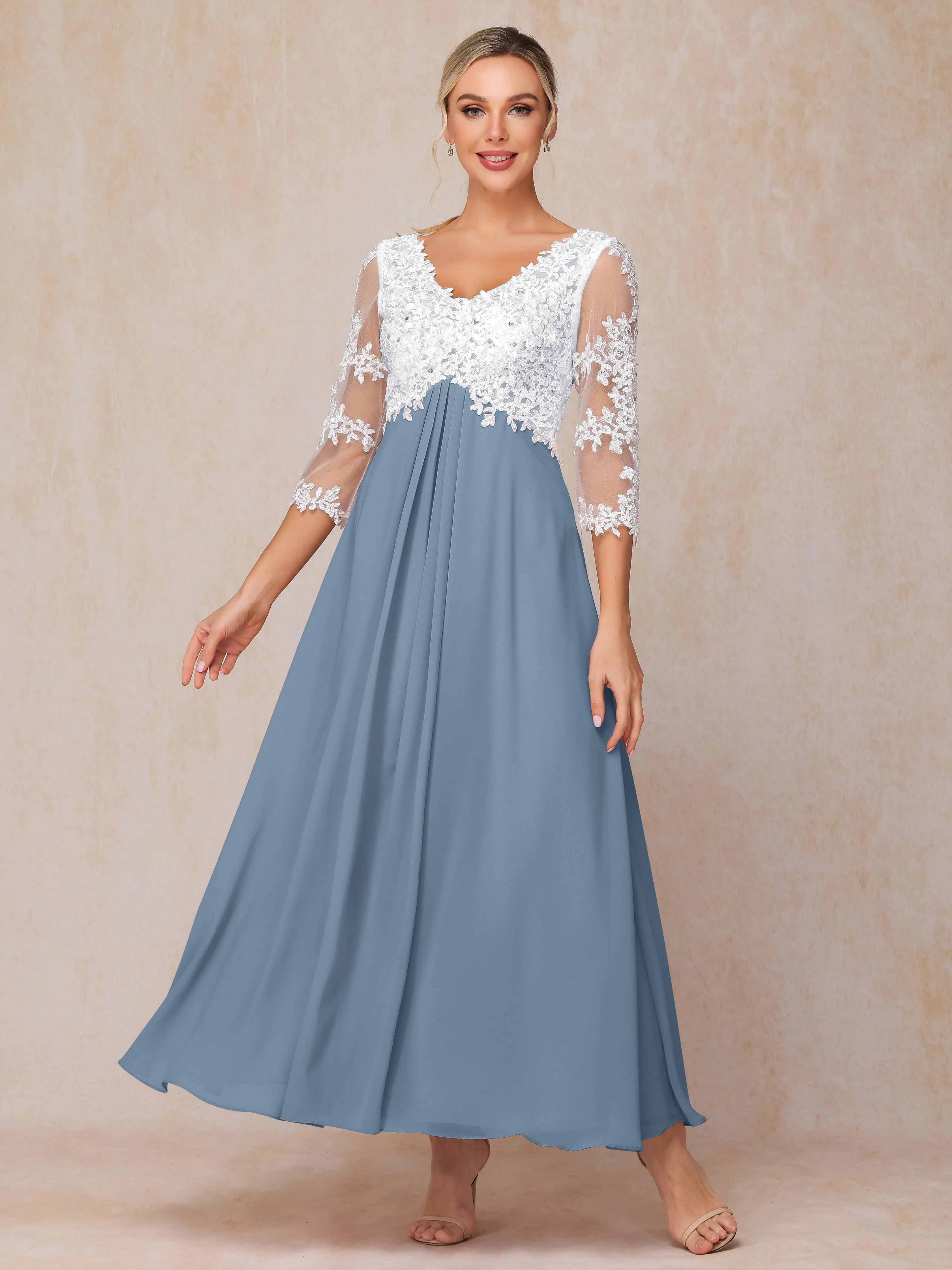 Empire Trapeze Illusion 3/4 Sleeve Chiffon Lace Mother of the Bride Dress