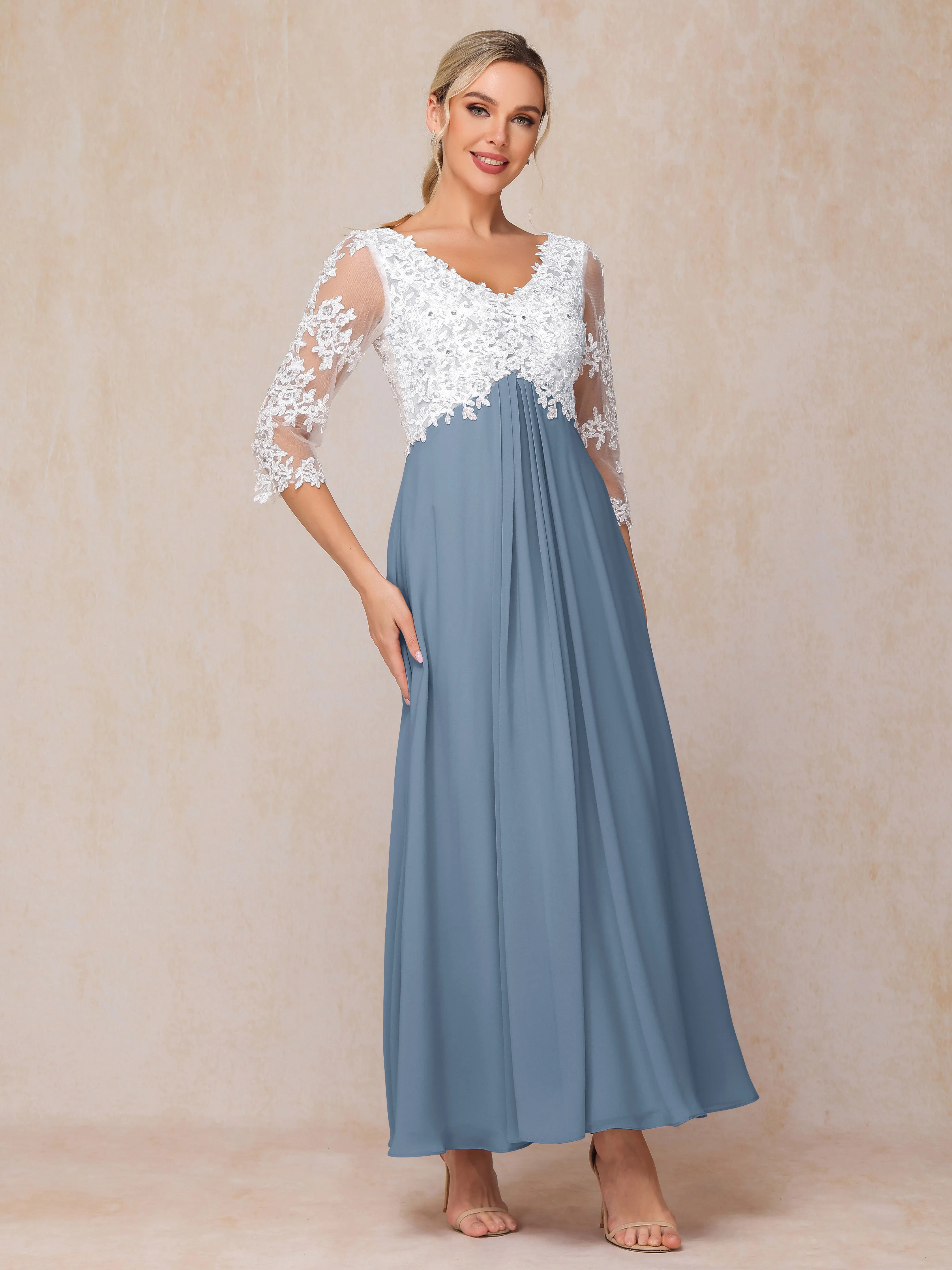 Empire Trapeze Illusion 3/4 Sleeve Chiffon Lace Mother of the Bride Dress