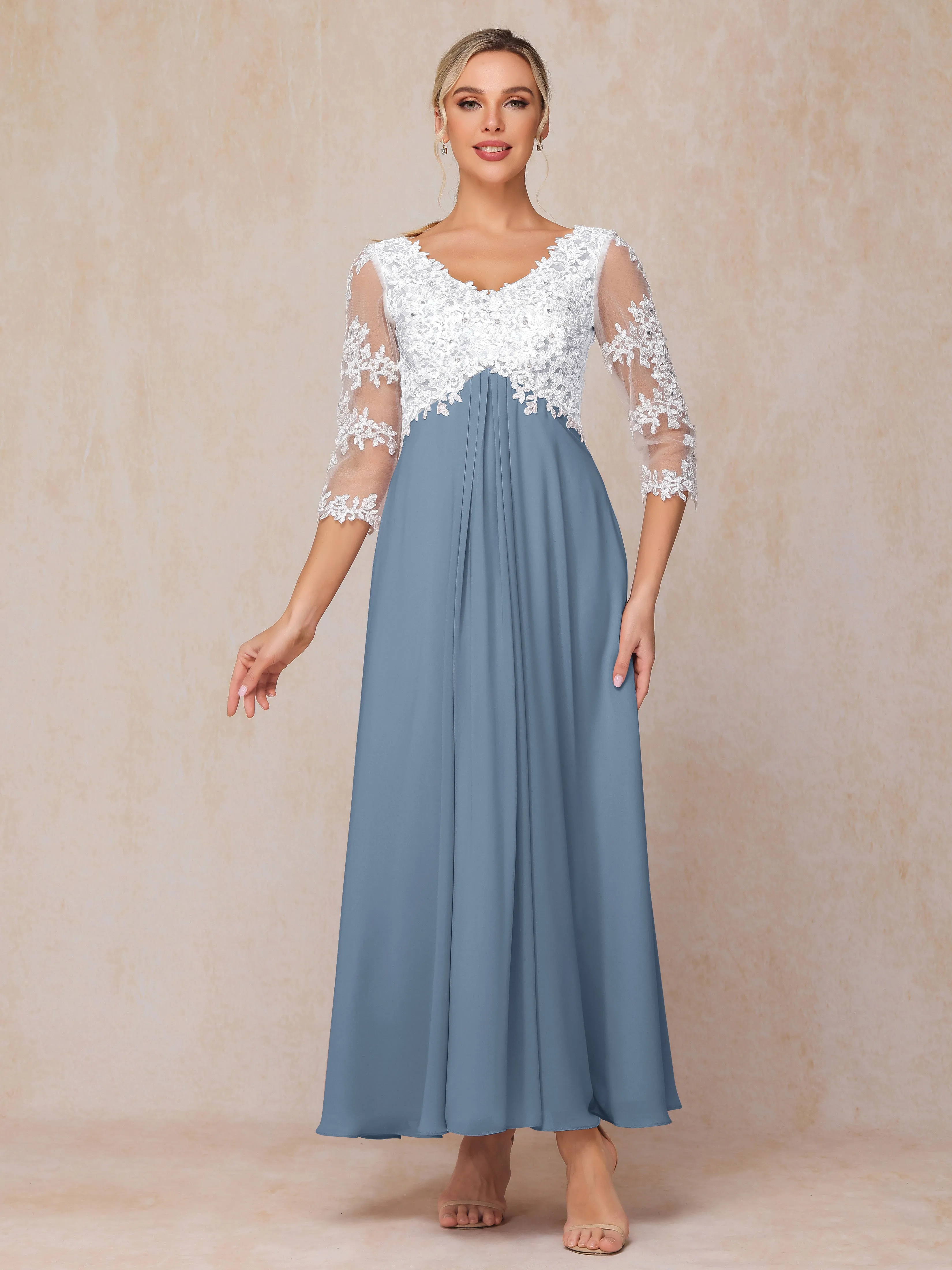 Empire Trapeze Illusion 3/4 Sleeve Chiffon Lace Mother of the Bride Dress