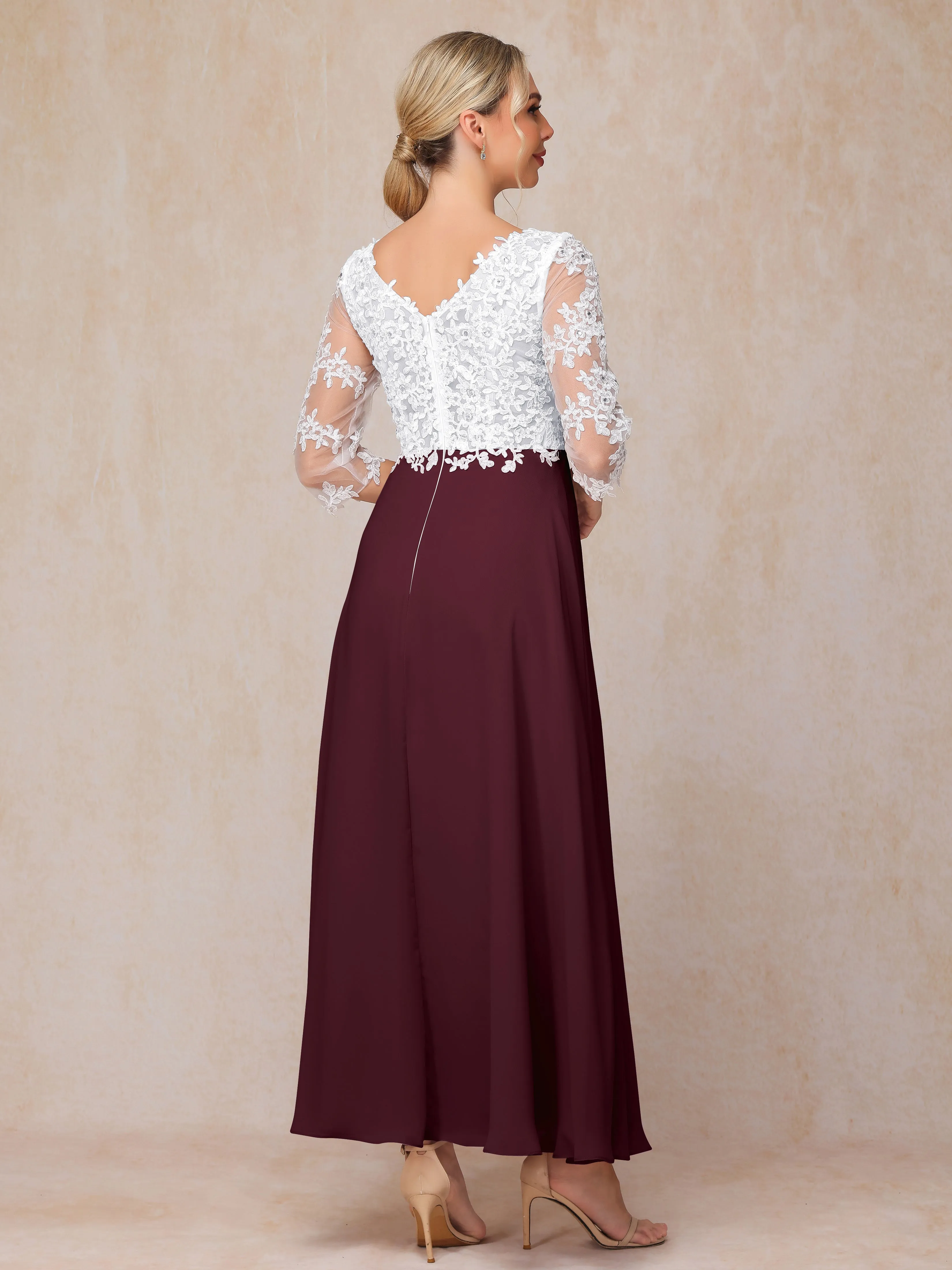 Empire Trapeze Illusion 3/4 Sleeve Chiffon Lace Mother of the Bride Dress