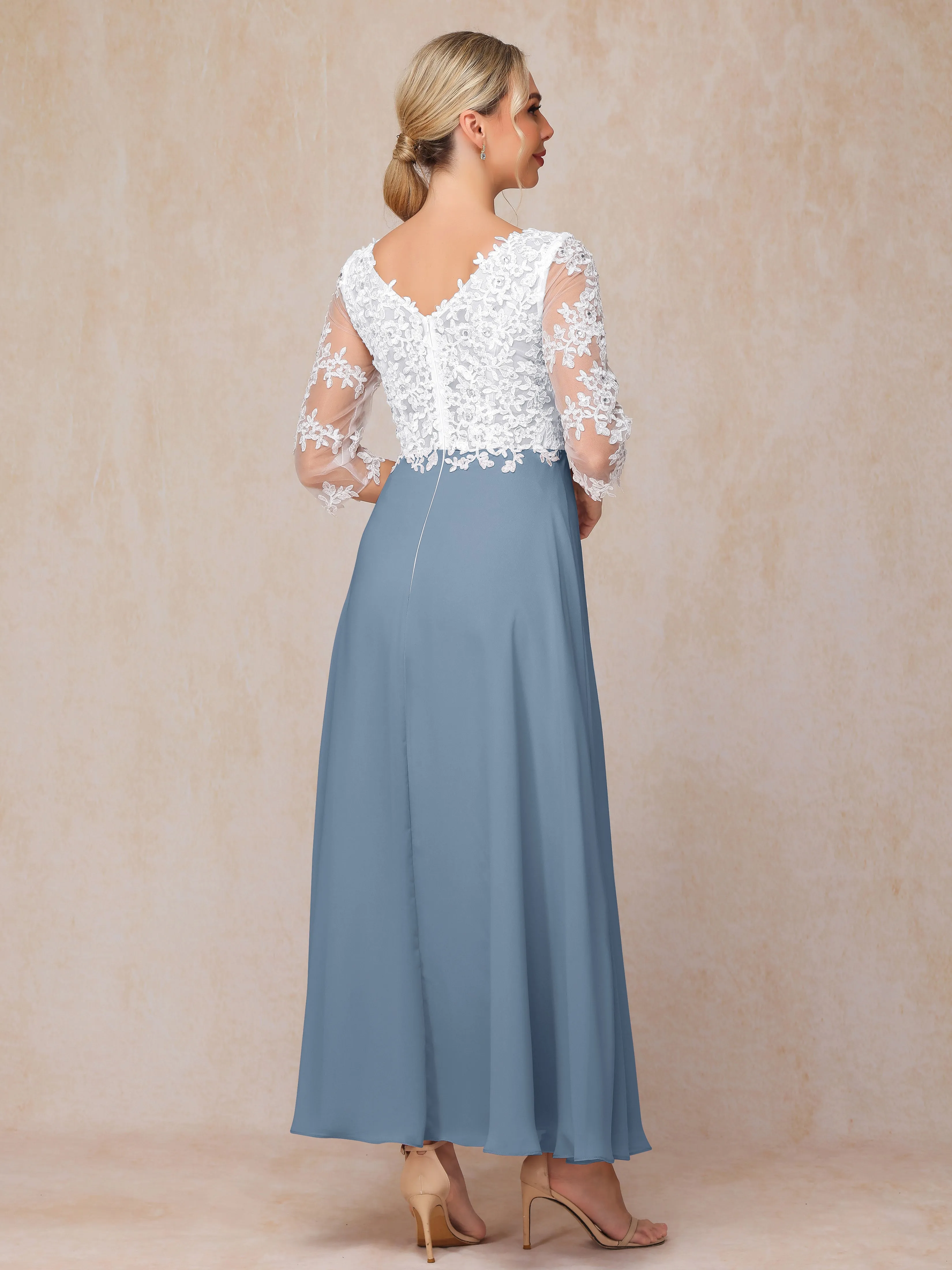 Empire Trapeze Illusion 3/4 Sleeve Chiffon Lace Mother of the Bride Dress