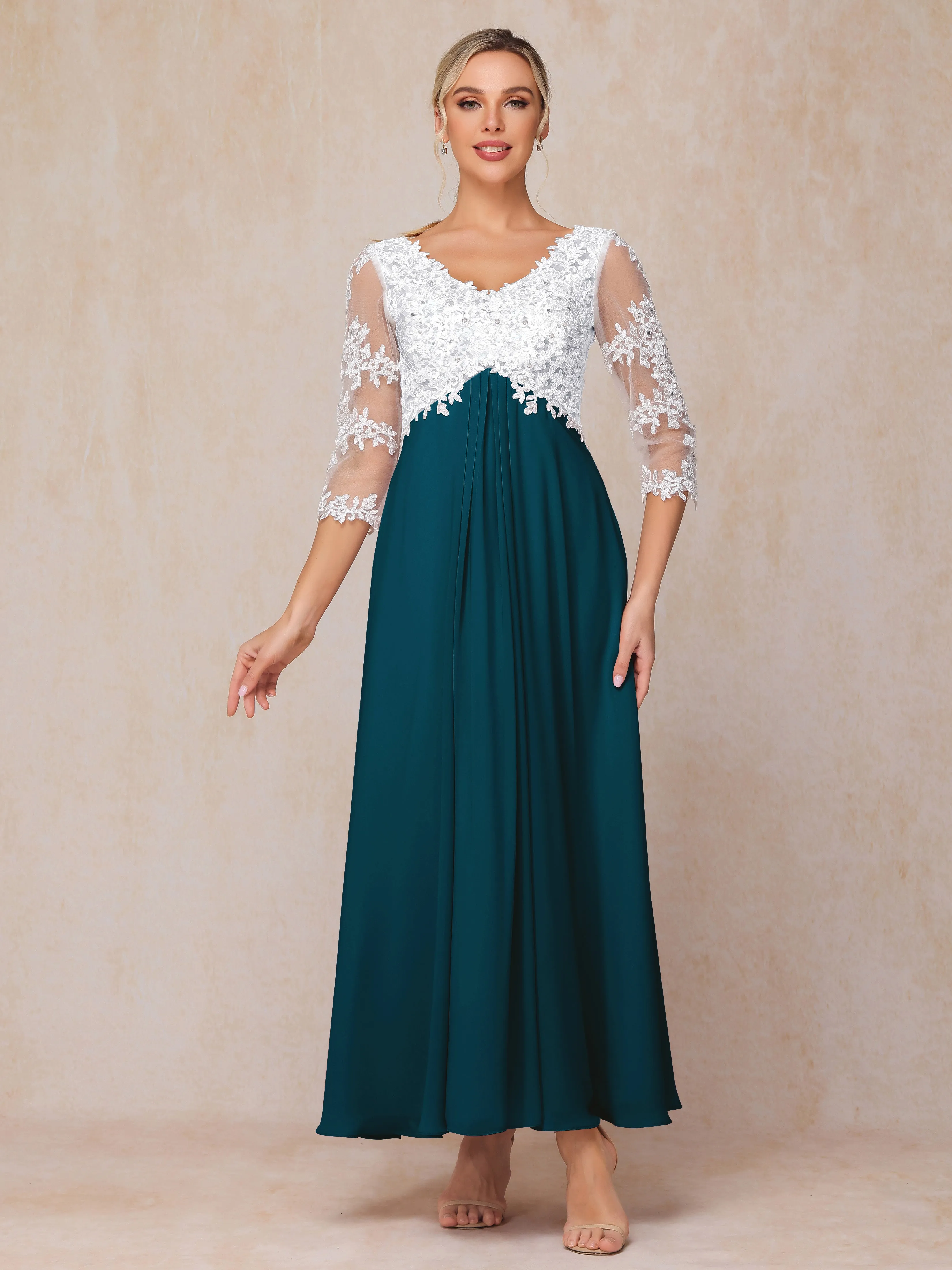 Empire Trapeze Illusion 3/4 Sleeve Chiffon Lace Mother of the Bride Dress