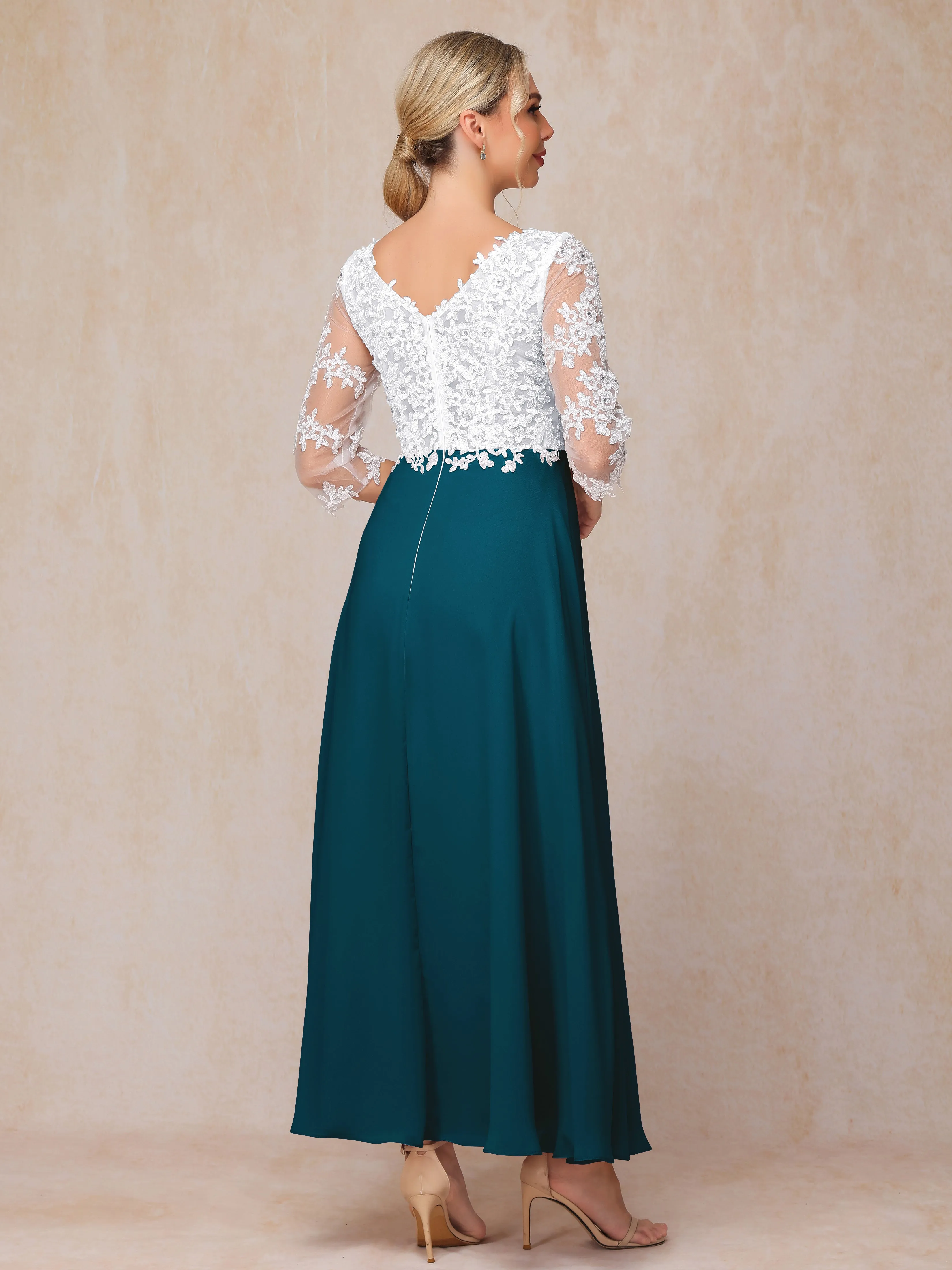 Empire Trapeze Illusion 3/4 Sleeve Chiffon Lace Mother of the Bride Dress