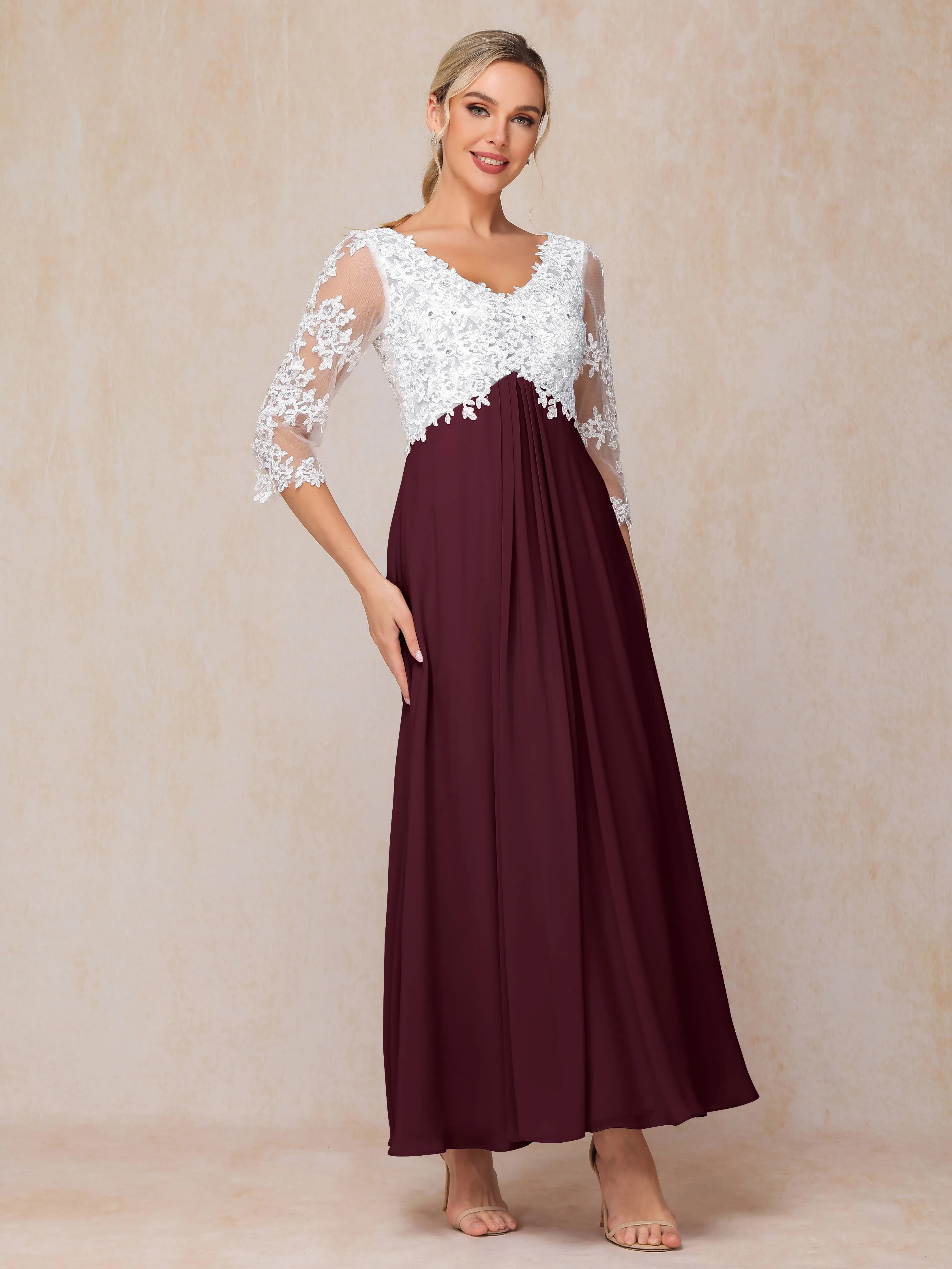 Empire Trapeze Illusion 3/4 Sleeve Chiffon Lace Mother of the Bride Dress