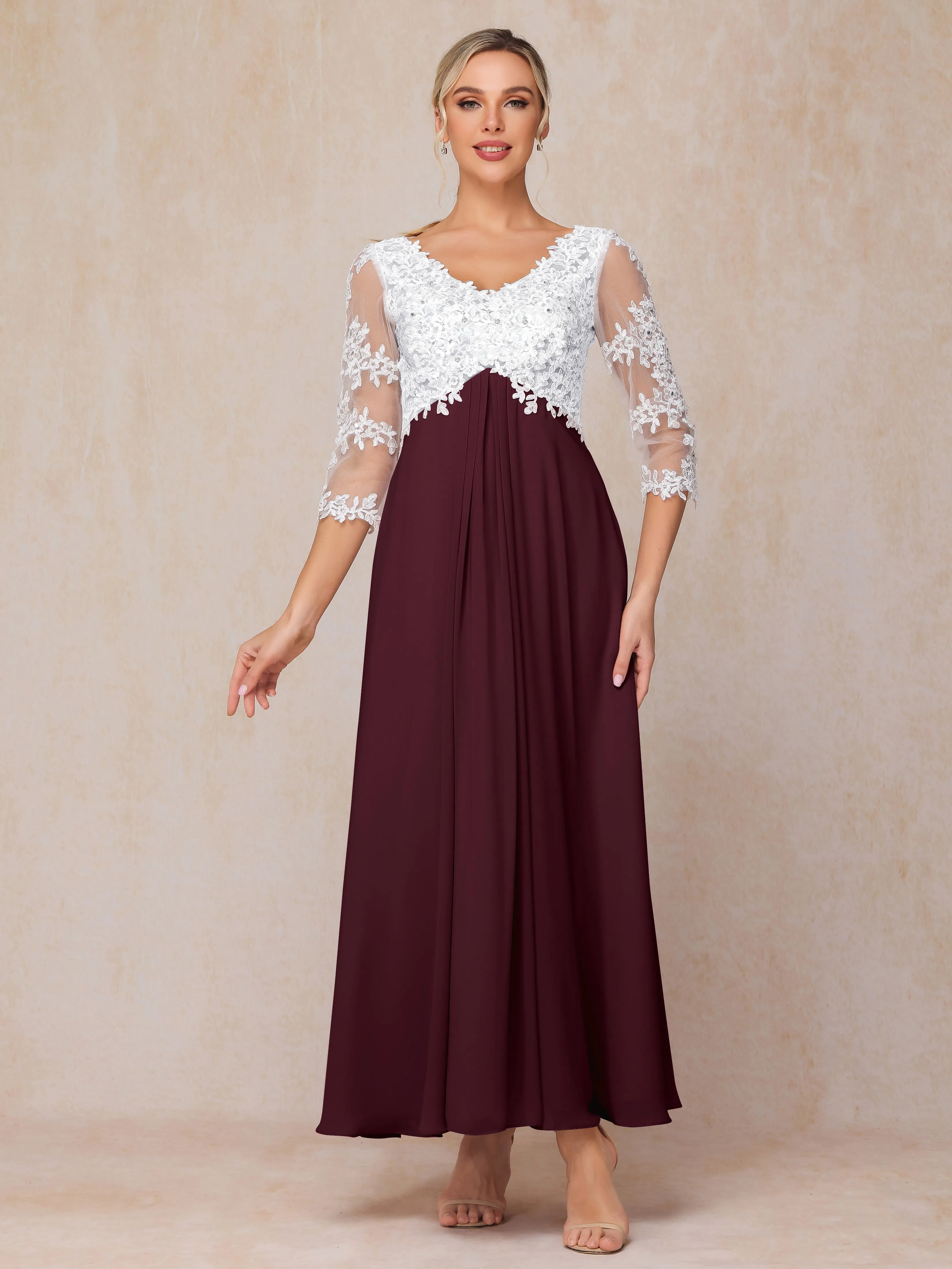 Empire Trapeze Illusion 3/4 Sleeve Chiffon Lace Mother of the Bride Dress