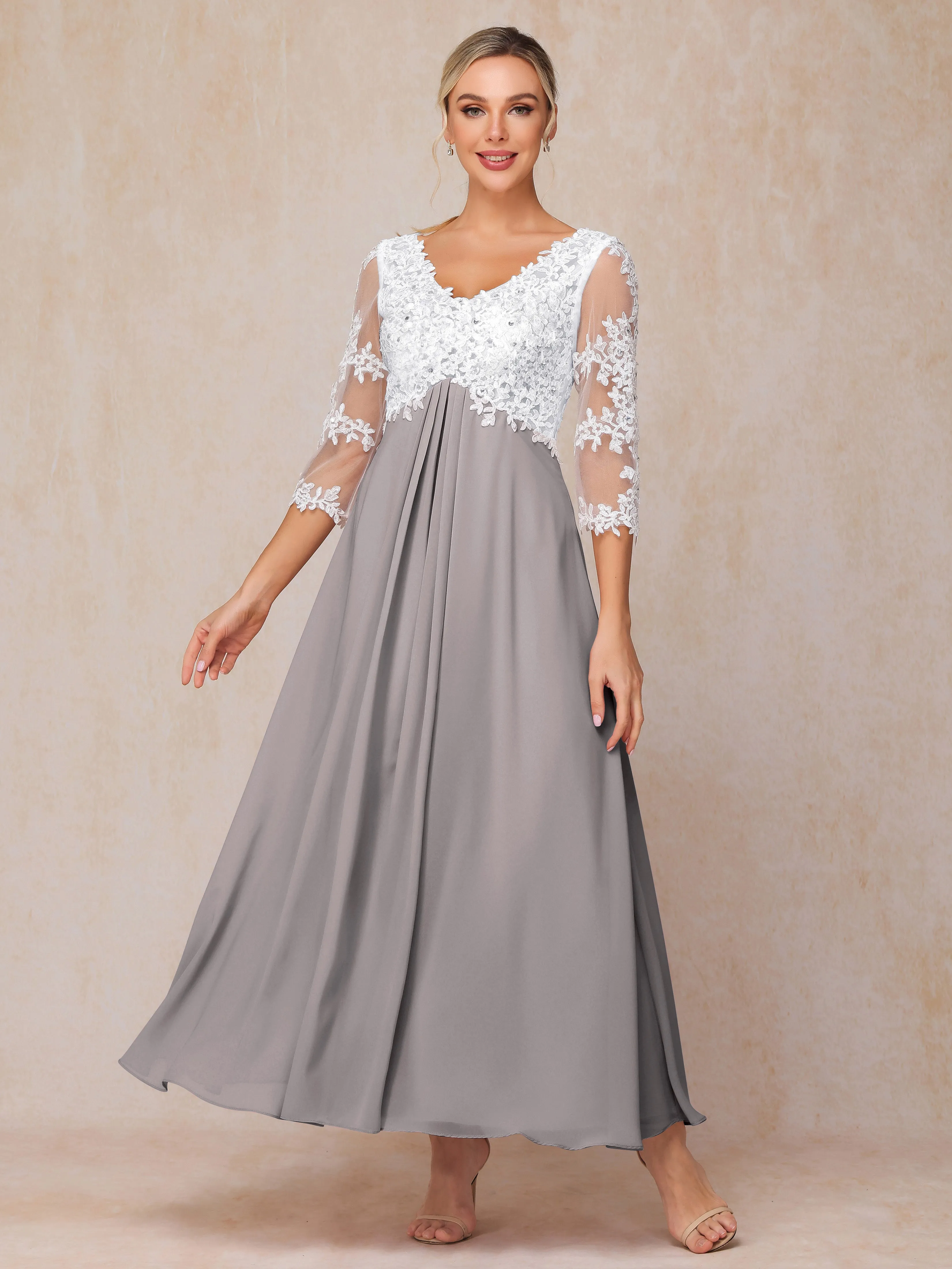 Empire Trapeze Illusion 3/4 Sleeve Chiffon Lace Mother of the Bride Dress