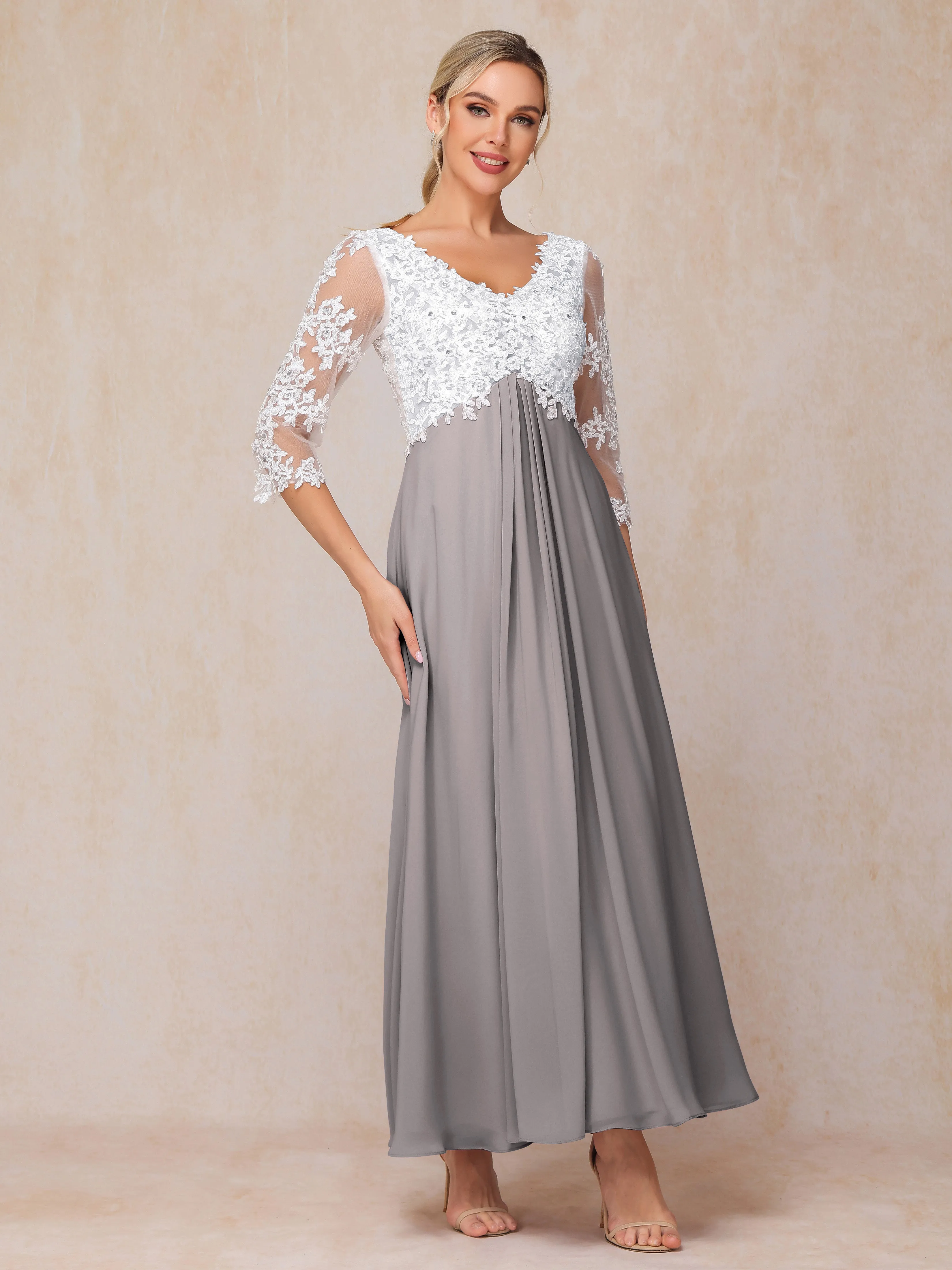 Empire Trapeze Illusion 3/4 Sleeve Chiffon Lace Mother of the Bride Dress