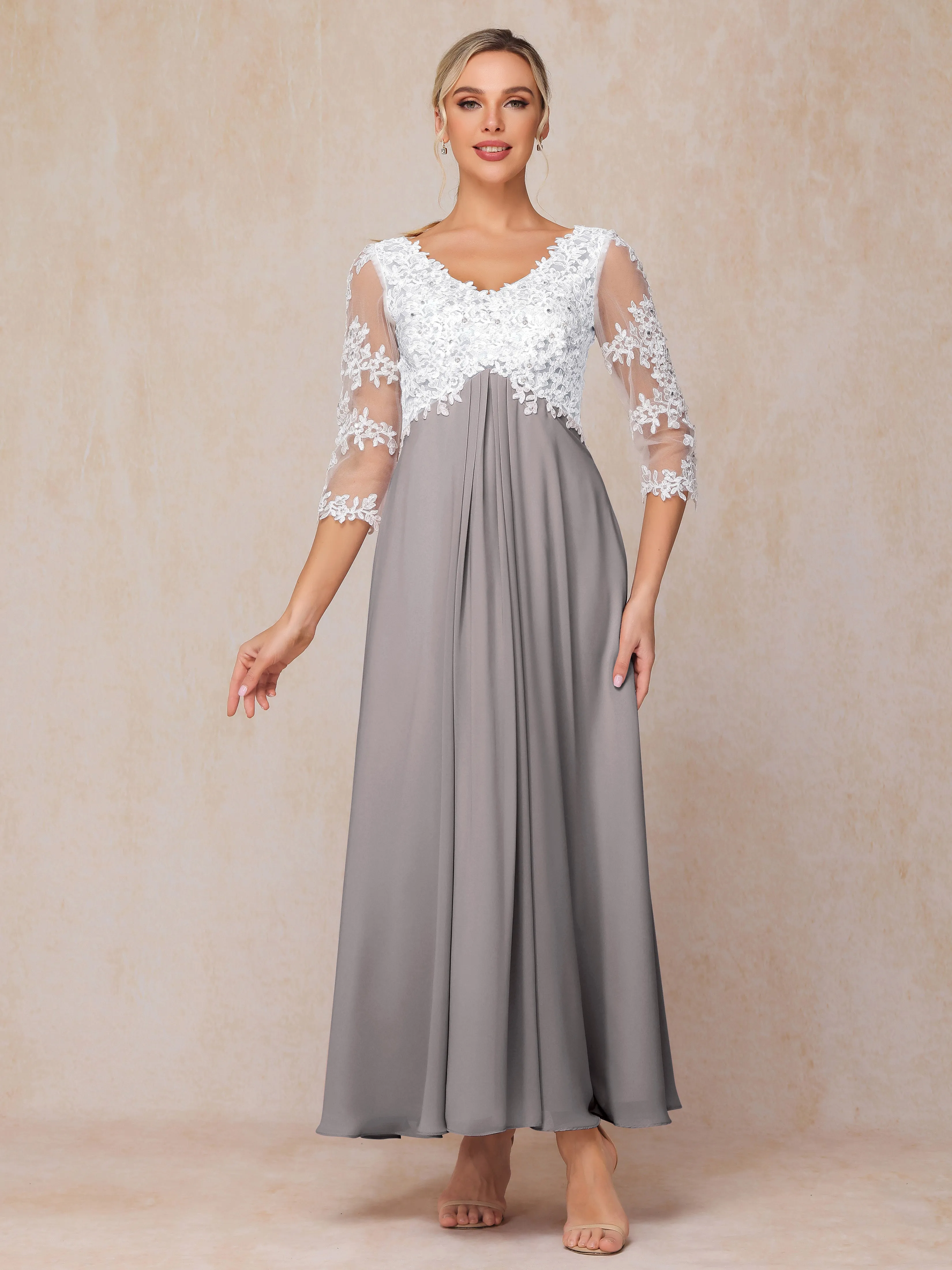 Empire Trapeze Illusion 3/4 Sleeve Chiffon Lace Mother of the Bride Dress