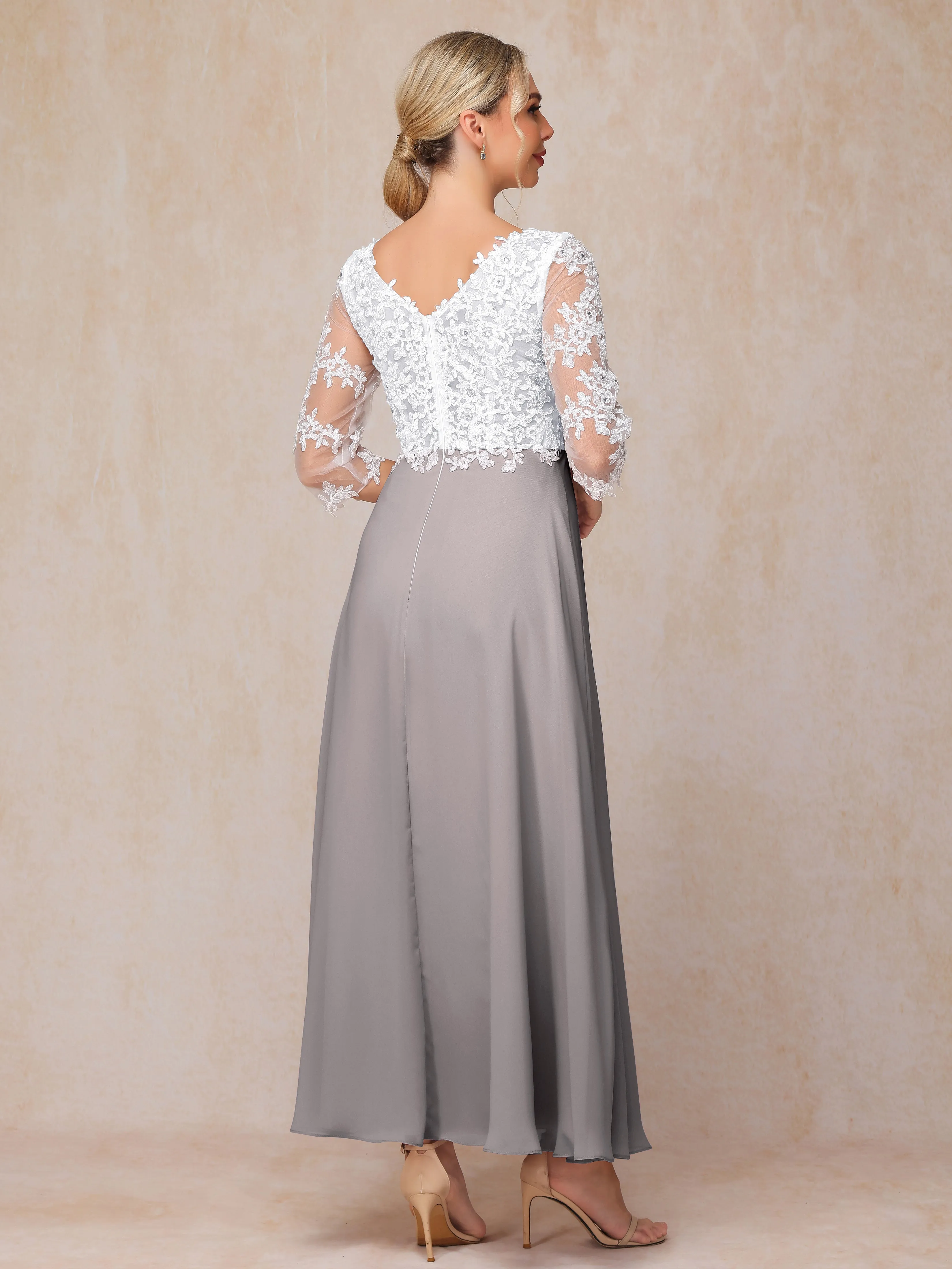 Empire Trapeze Illusion 3/4 Sleeve Chiffon Lace Mother of the Bride Dress