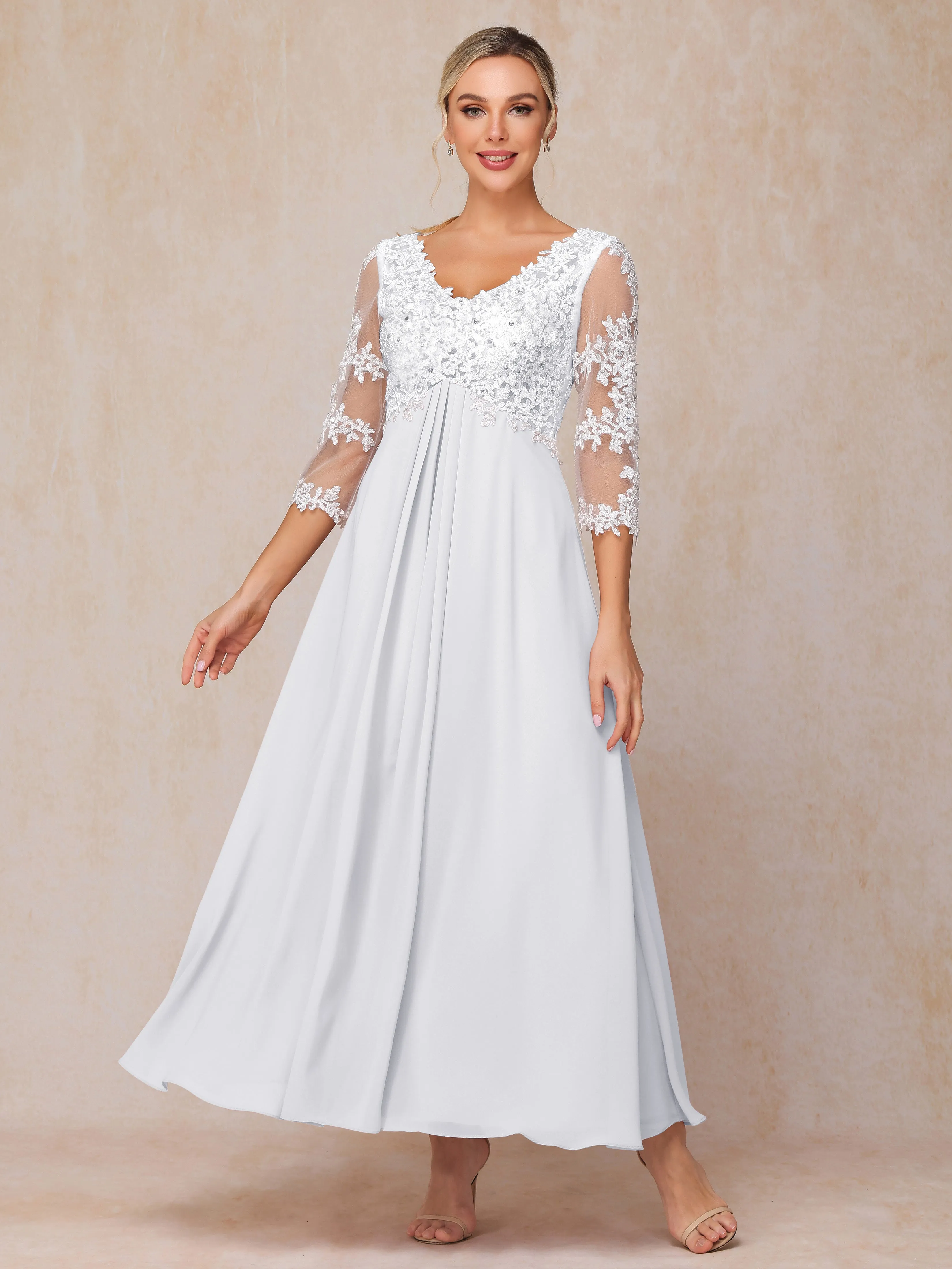 Empire Trapeze Illusion 3/4 Sleeve Chiffon Lace Mother of the Bride Dress