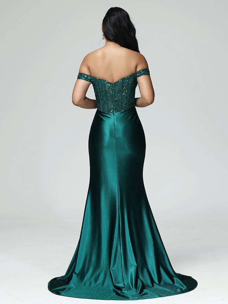 Off-Shoulder Satin Stretch Evening Dress Pleated with Sweep Train in DARK GREEN