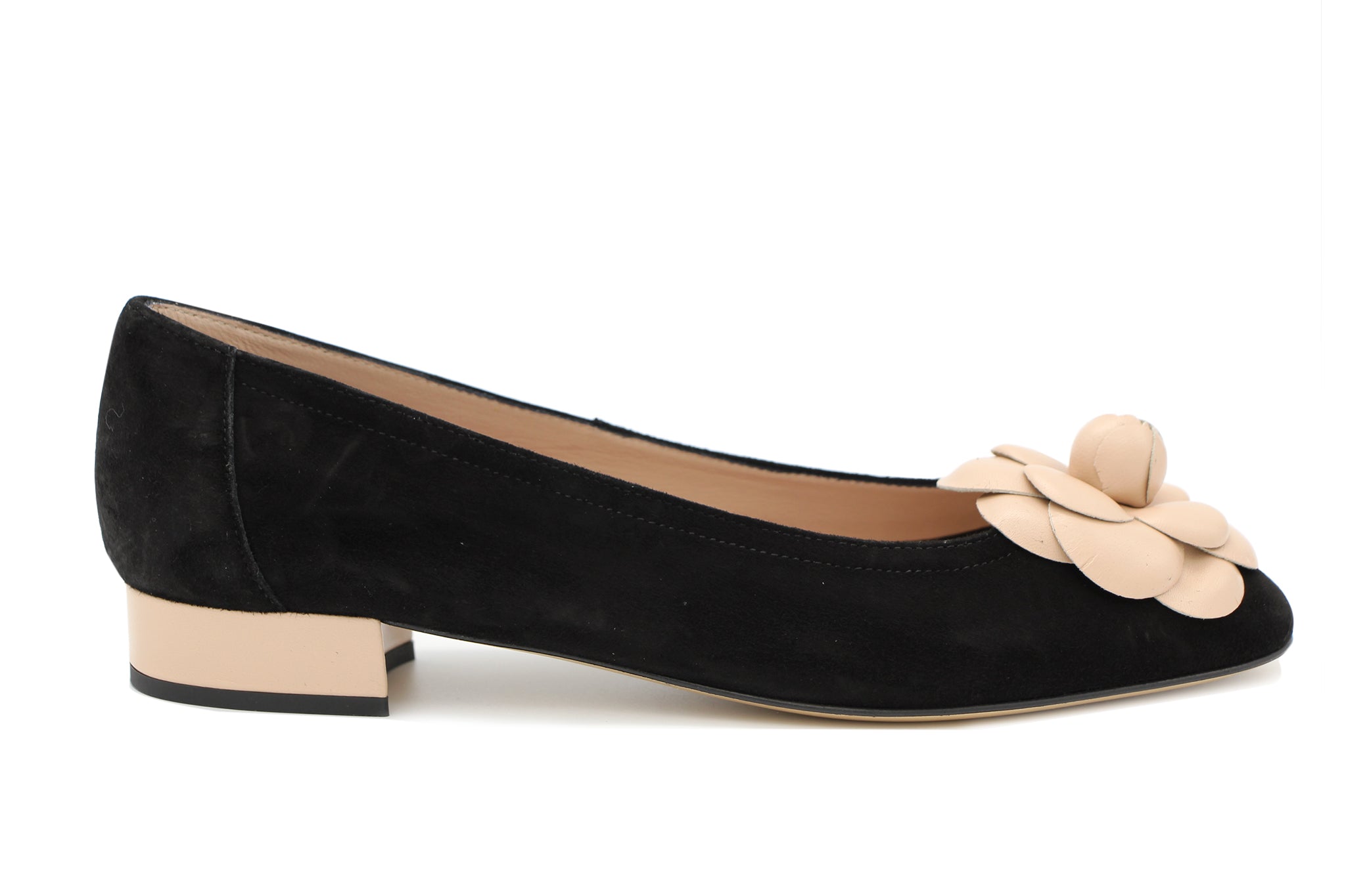 FABUCCI Black Suede Ballet Flat - Contrast Flower - Shop Now