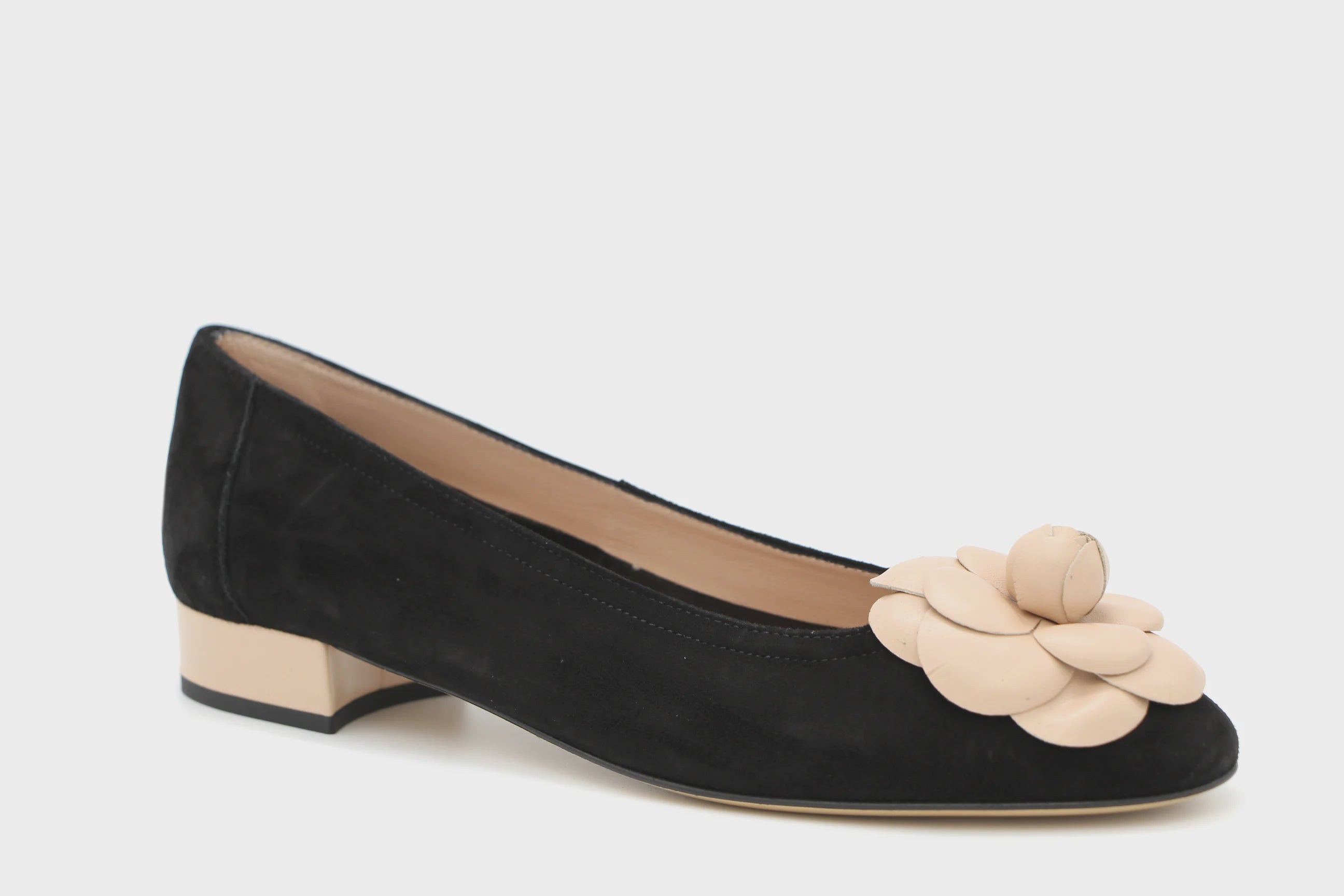 FABUCCI Black Suede Ballet Flat - Contrast Flower - Shop Now