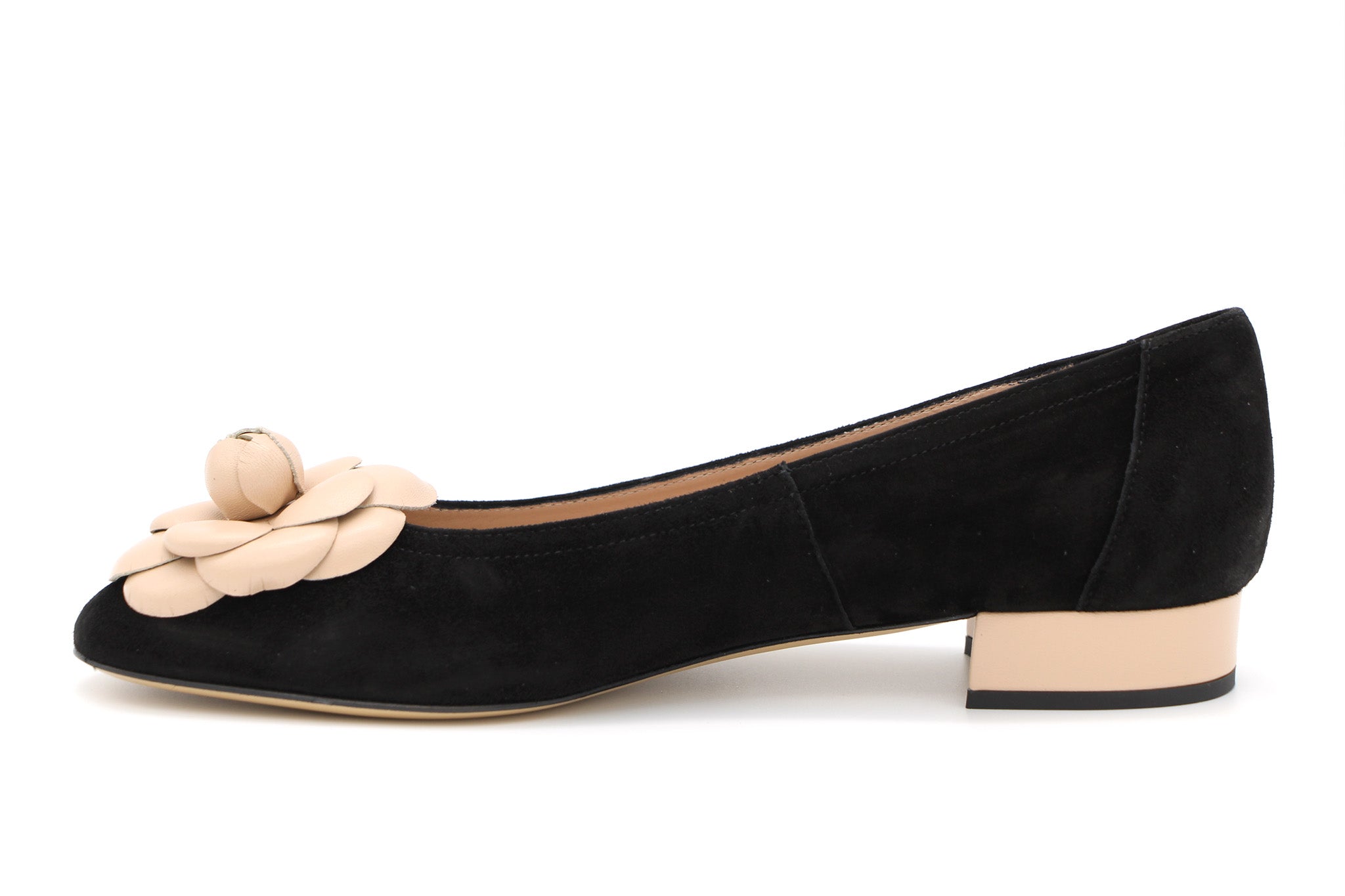 FABUCCI Black Suede Ballet Flat - Contrast Flower - Shop Now