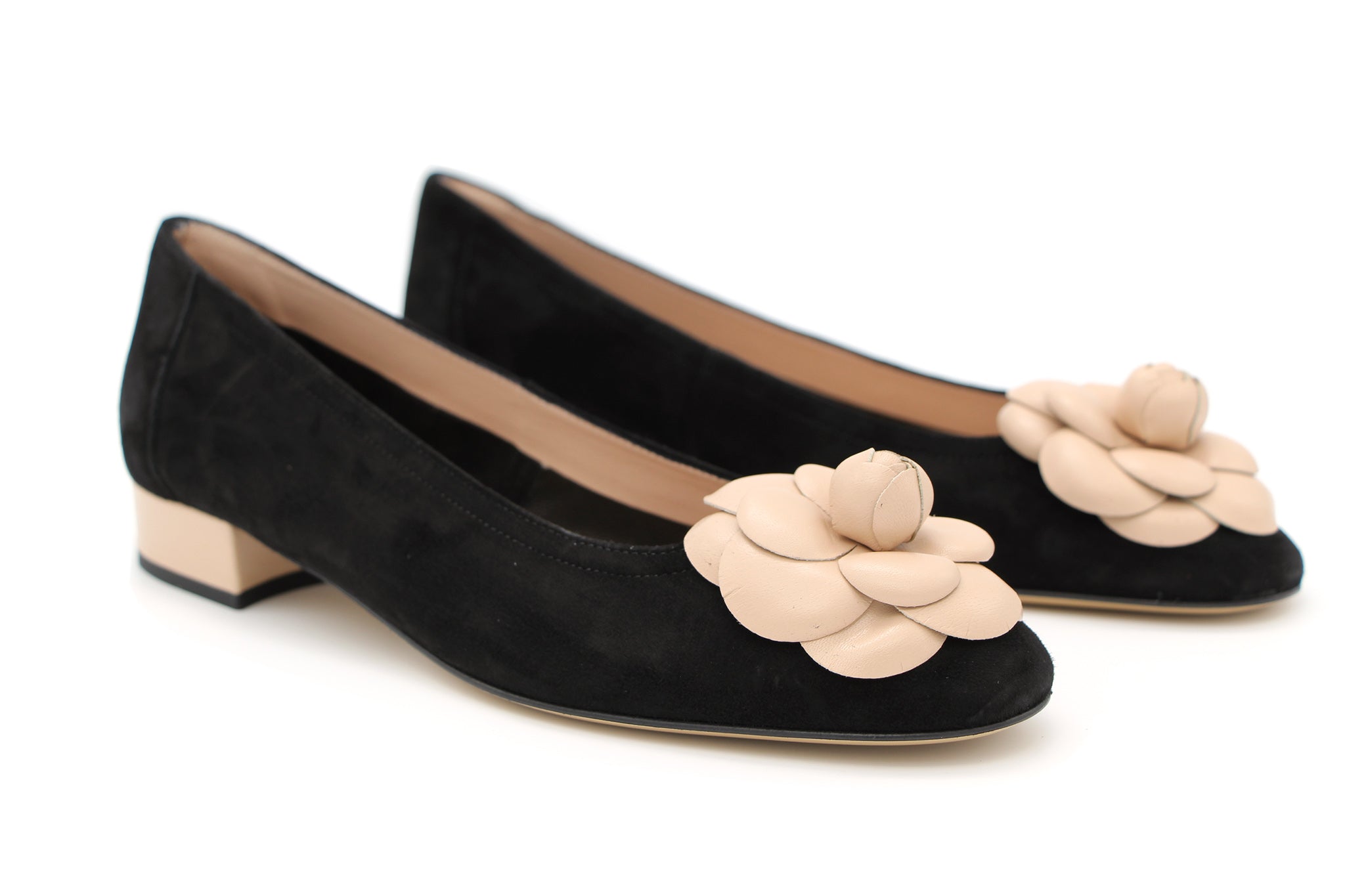 FABUCCI Black Suede Ballet Flat - Contrast Flower - Shop Now