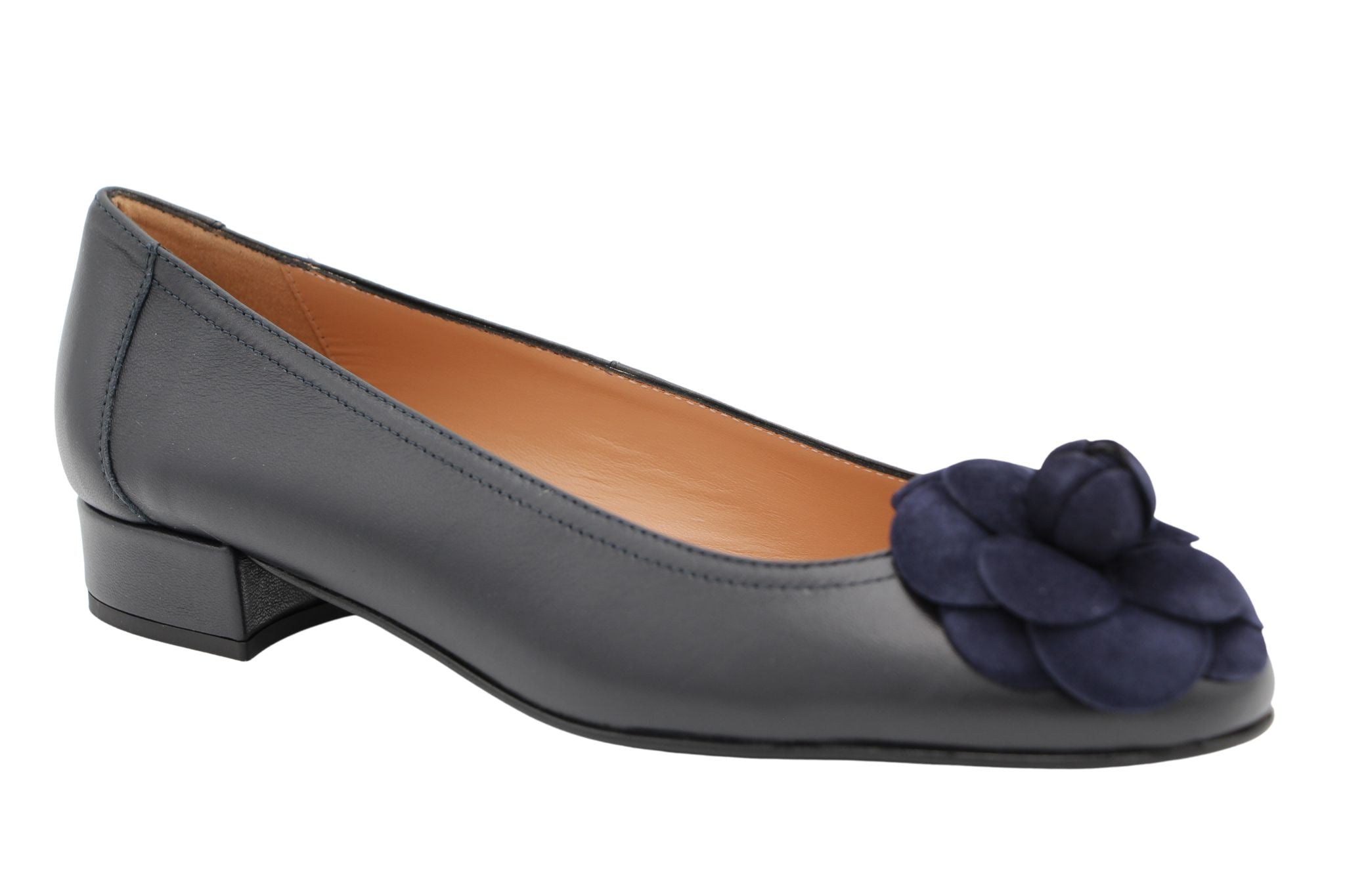 Fabucci Navy leather Ballerina with Flower - Affordable, Stylish Navy Leather Ballerina Shoes with Charming Flower Embellishment