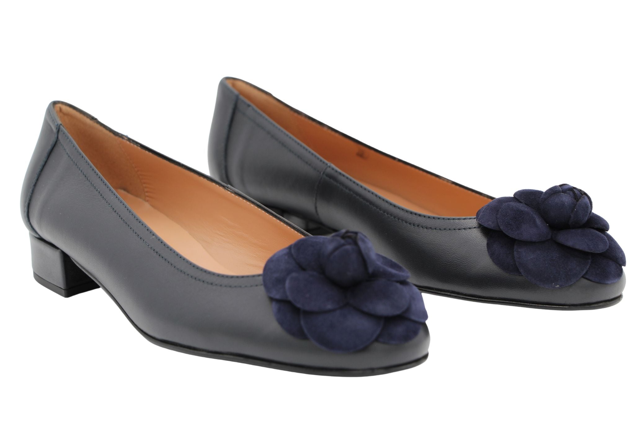 Fabucci Navy leather Ballerina with Flower - Affordable, Stylish Navy Leather Ballerina Shoes with Charming Flower Embellishment