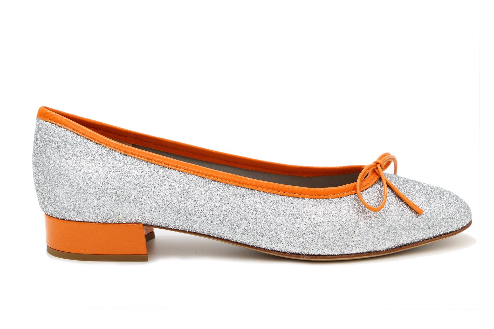 FABUCCI Silver Shimmer Ballerina Shoe - Orange Trim.