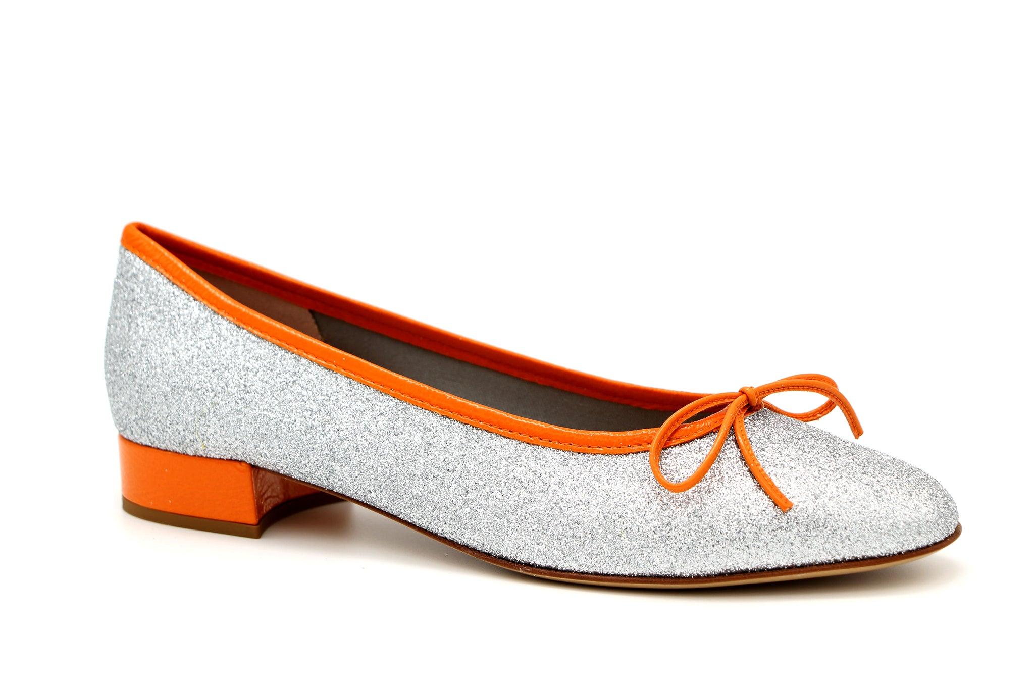 FABUCCI Silver Shimmer Ballerina Shoe - Orange Trim.