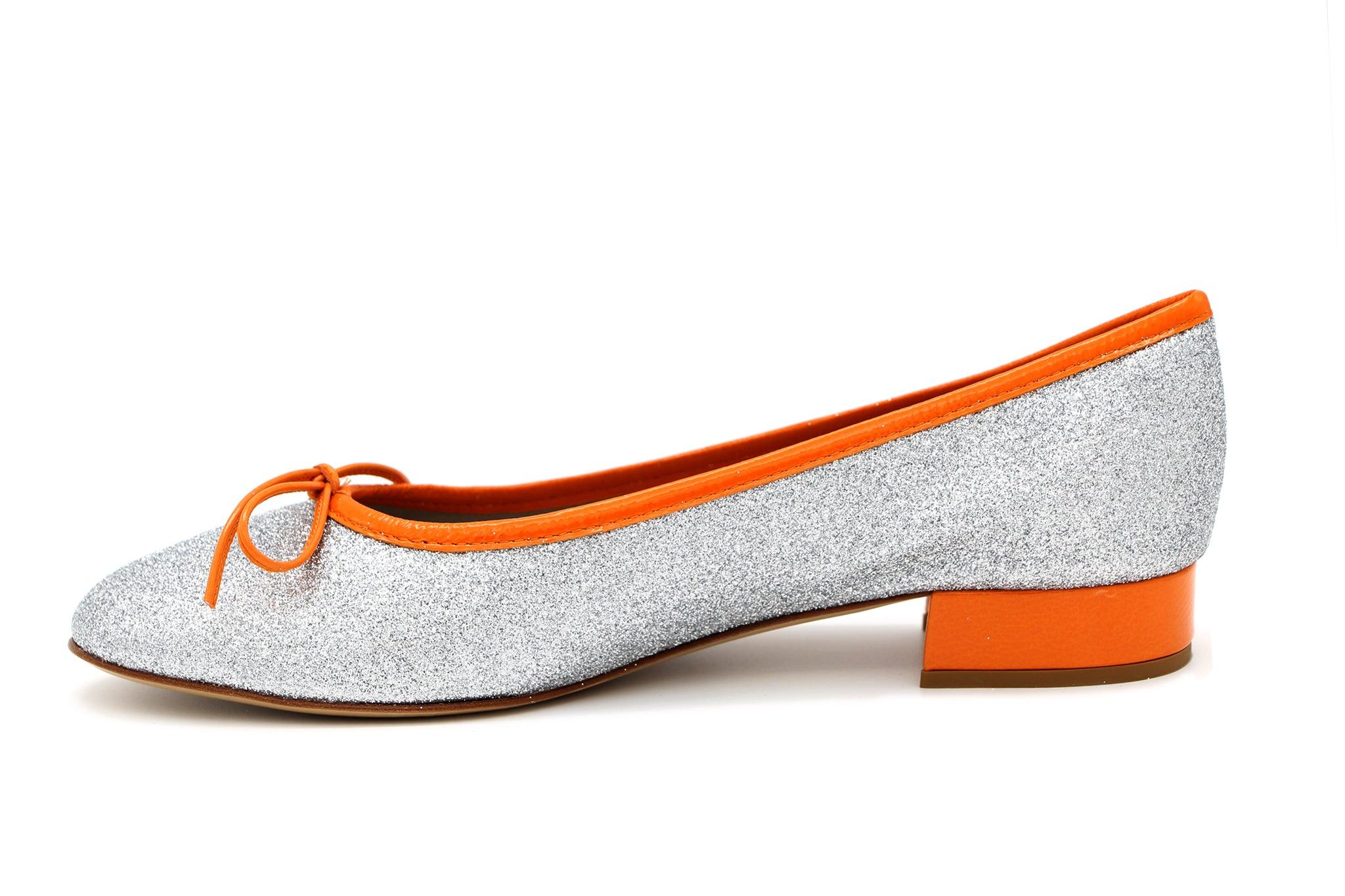 FABUCCI Silver Shimmer Ballerina Shoe - Orange Trim.