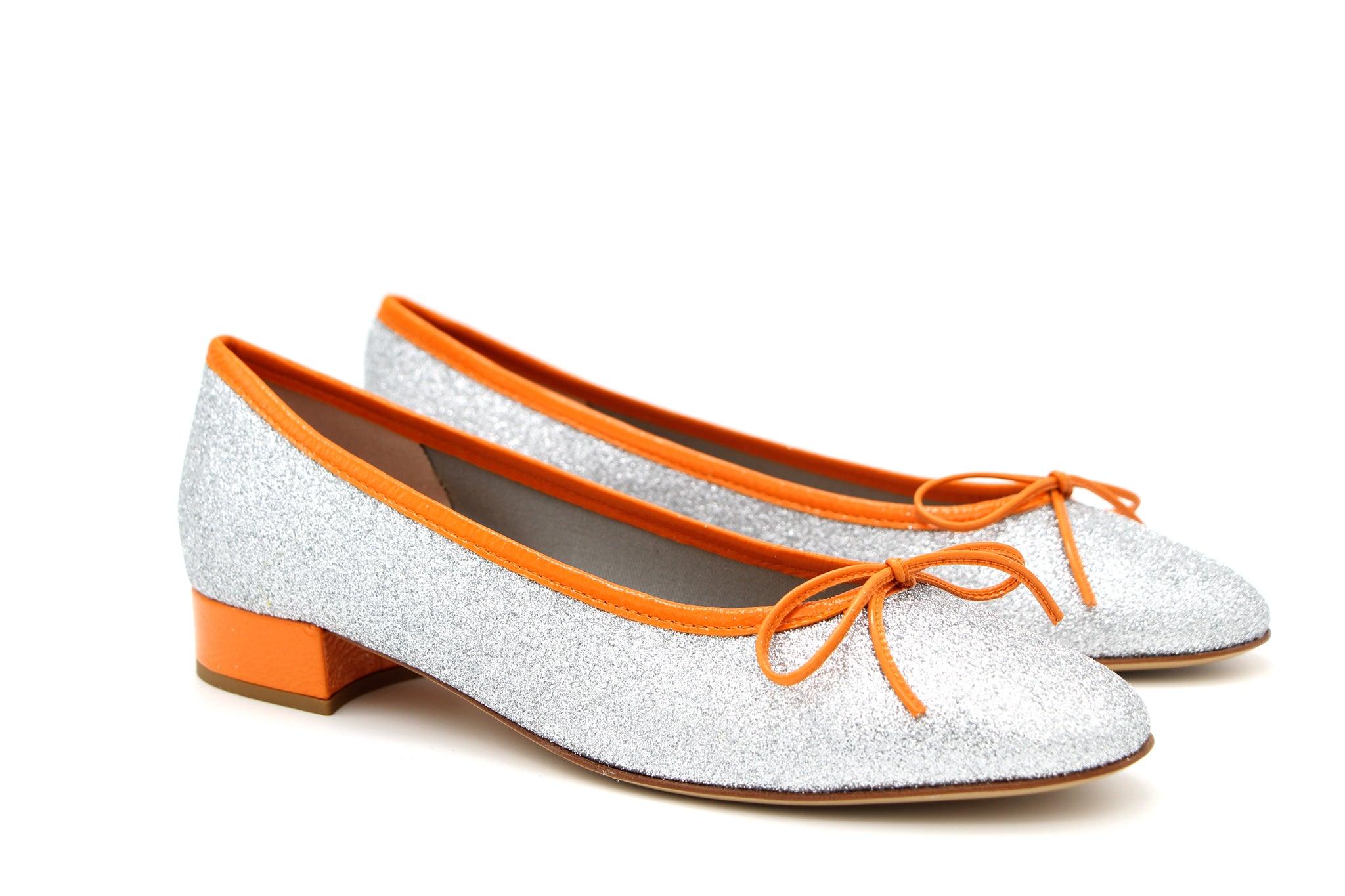 FABUCCI Silver Shimmer Ballerina Shoe - Orange Trim.