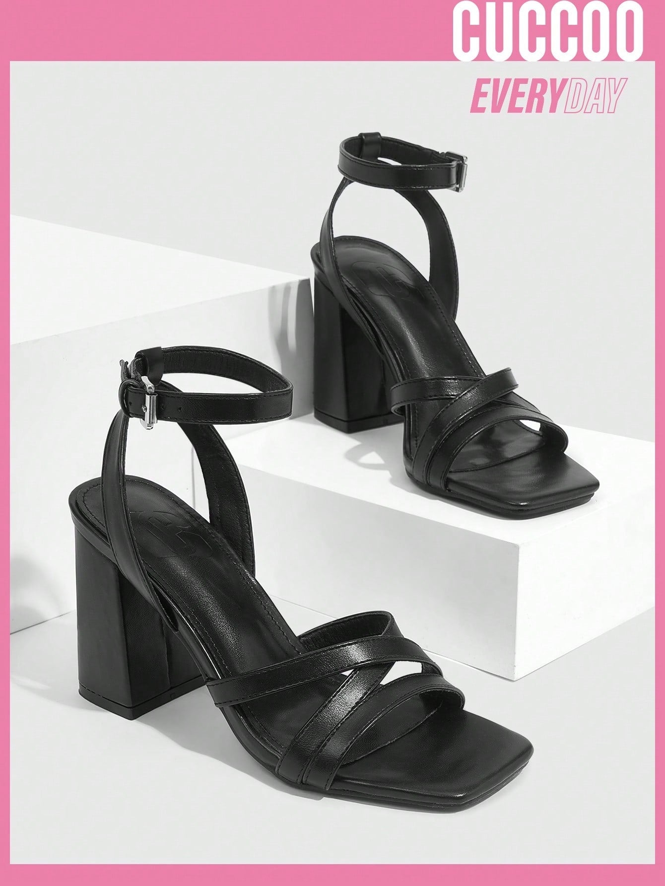 Fashionable ankle strap high heel sandals for women, black color, ideal for spring and summer.