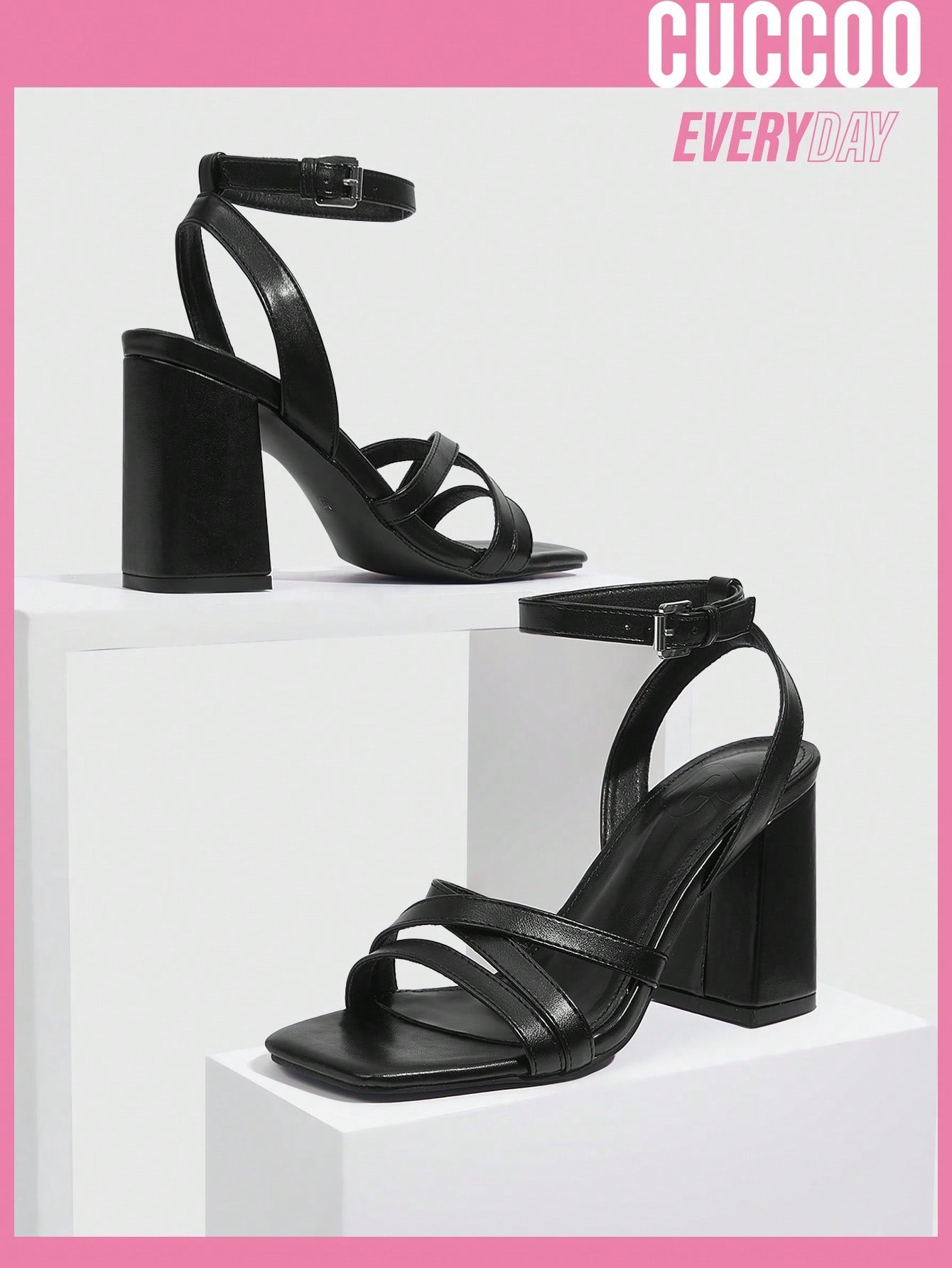 Fashionable ankle strap high heel sandals for women, black color, ideal for spring and summer.