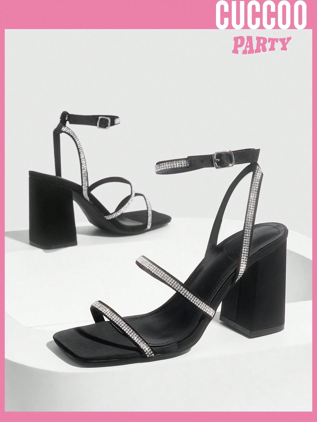 Fashionable black rhinestone high heel sandals for spring and summer.