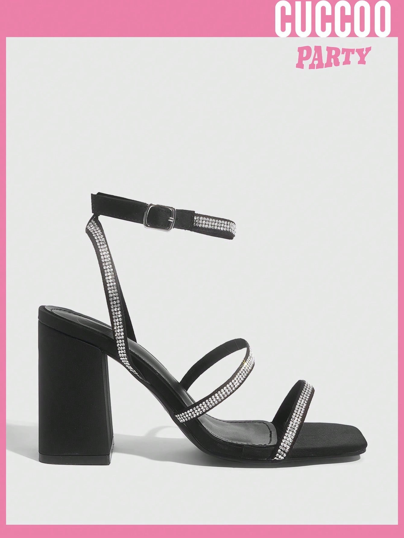 Fashionable black rhinestone high heel sandals for spring and summer.