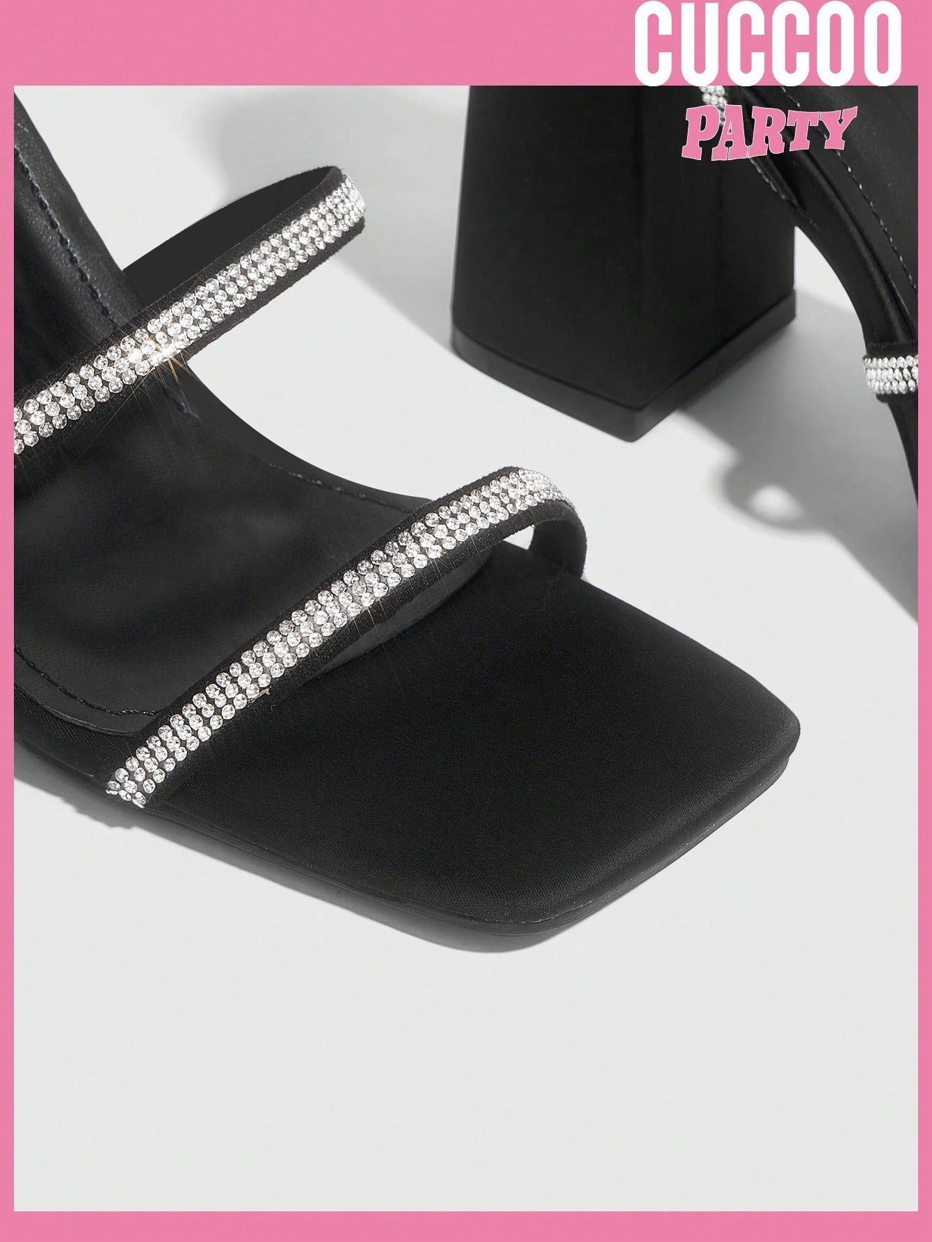 Fashionable black rhinestone high heel sandals for spring and summer.