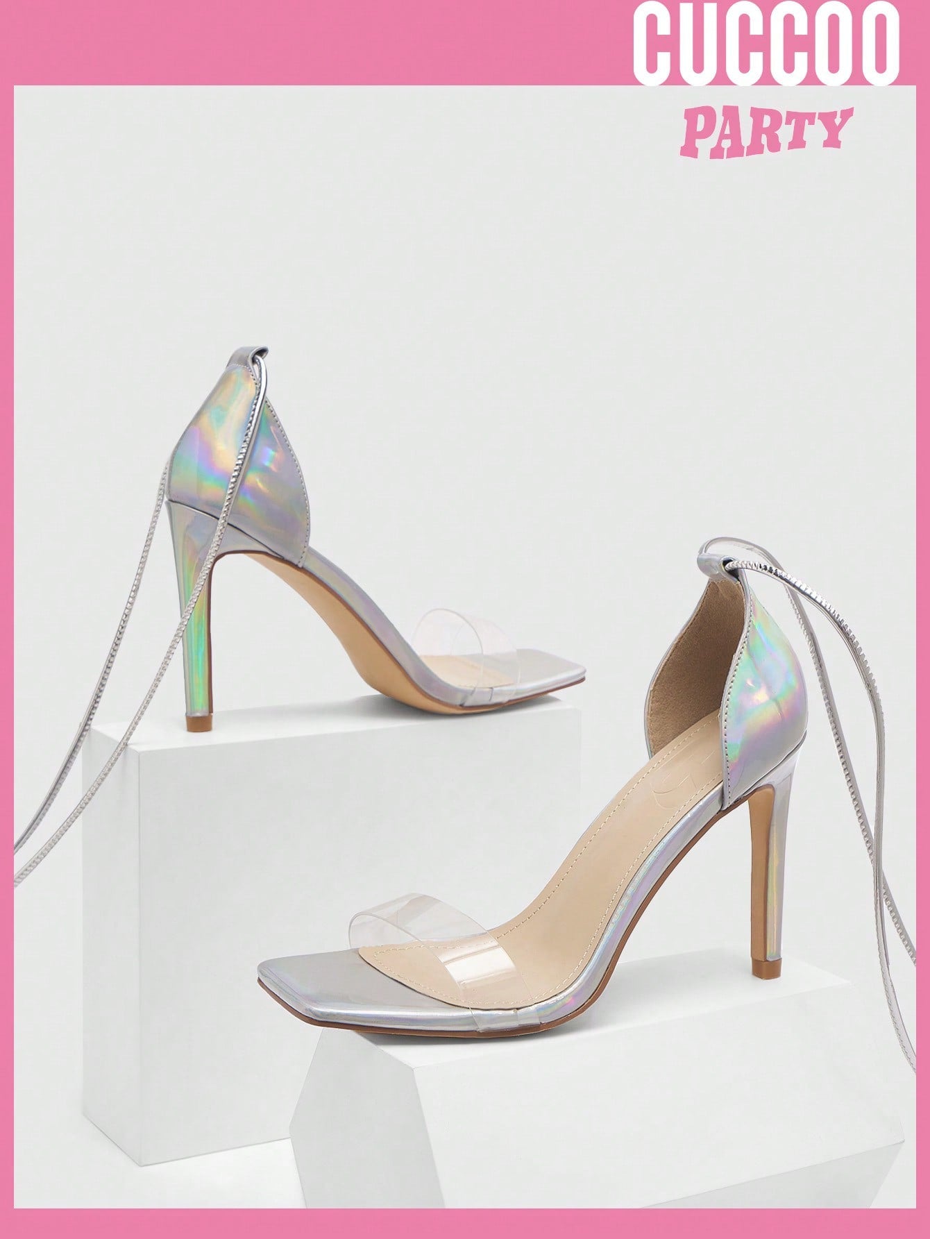 Fashionable high heel sandals for women - iridescent ribbon strappy style. Perfect for spring and summer.