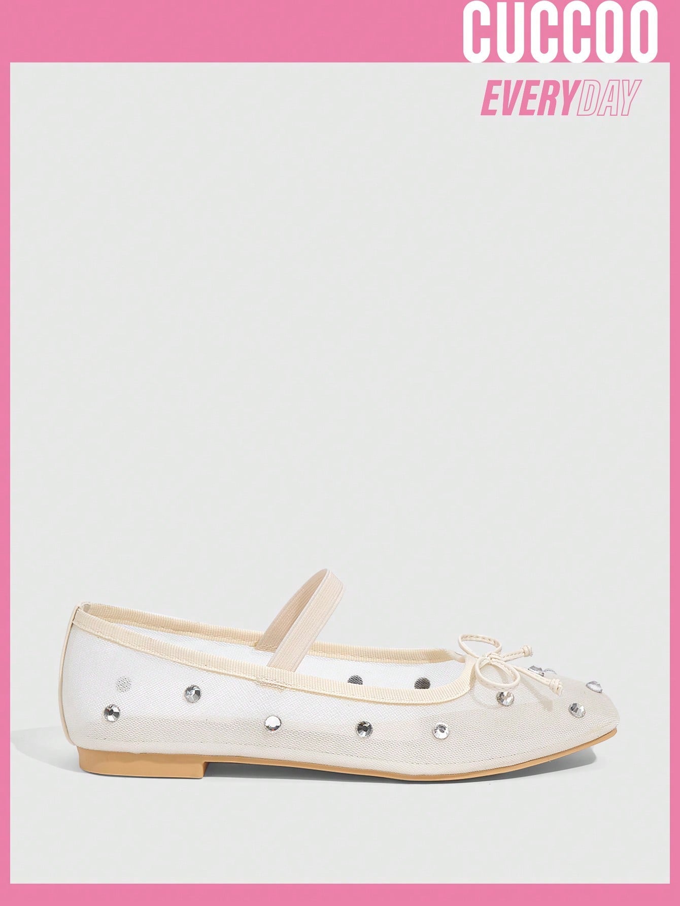 Fashionable Women's Beige Mesh Ballet Flats with Rhinestone Embellishments and Bow Knot Detail - Perfect for Spring and Summer.