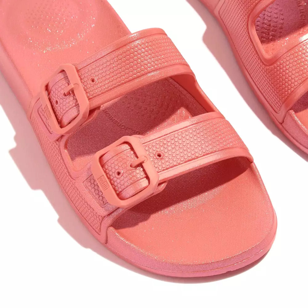 FitFlop Coral Pearlized Two Bar Buckle Slides