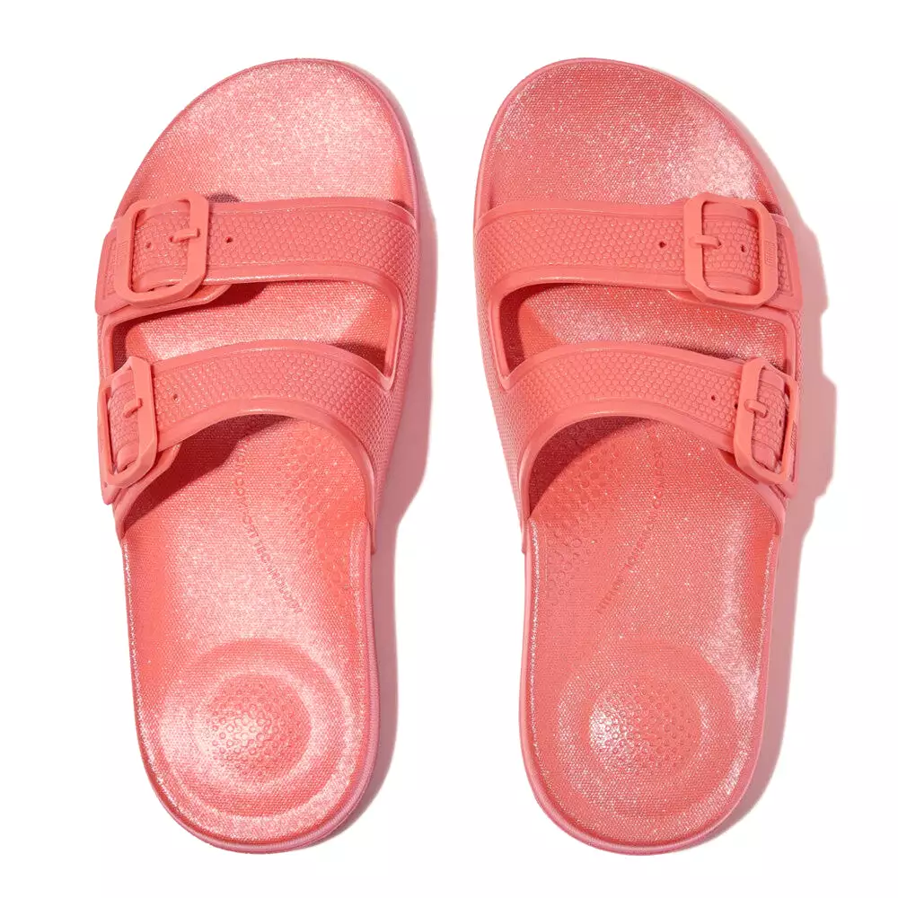 FitFlop Coral Pearlized Two Bar Buckle Slides