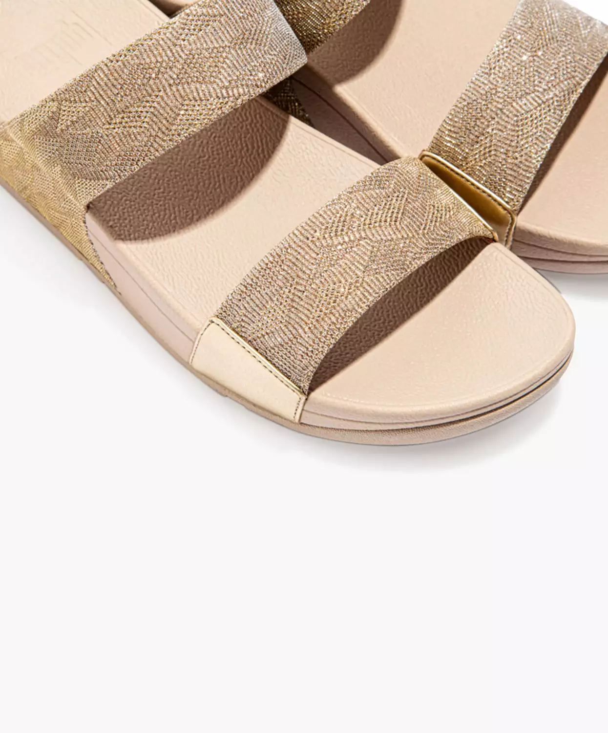 FitFlop Gold Glitter Slide Sandals.