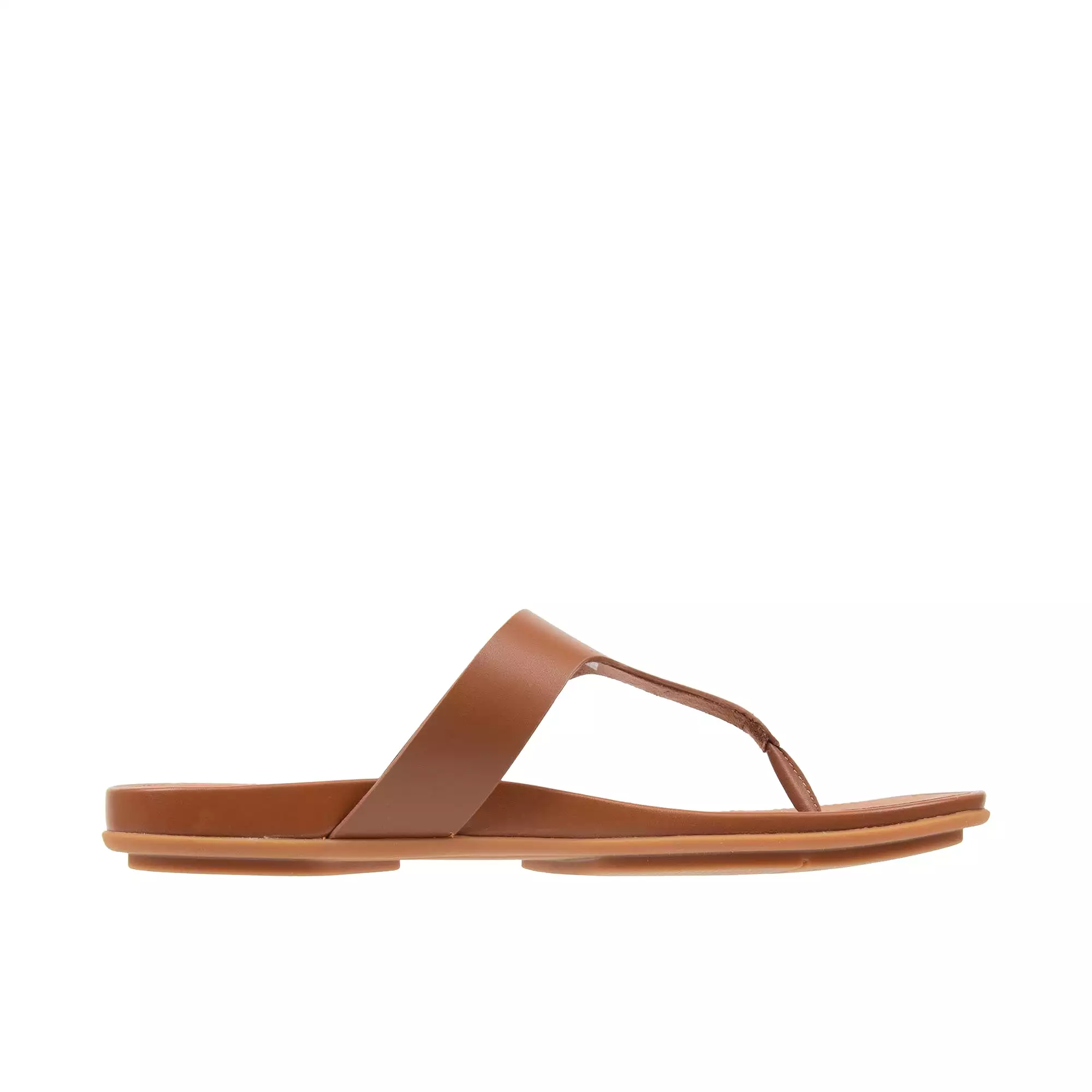 FitFlop Gracie women's rubber-buckle leather toe post sandals in light tan.